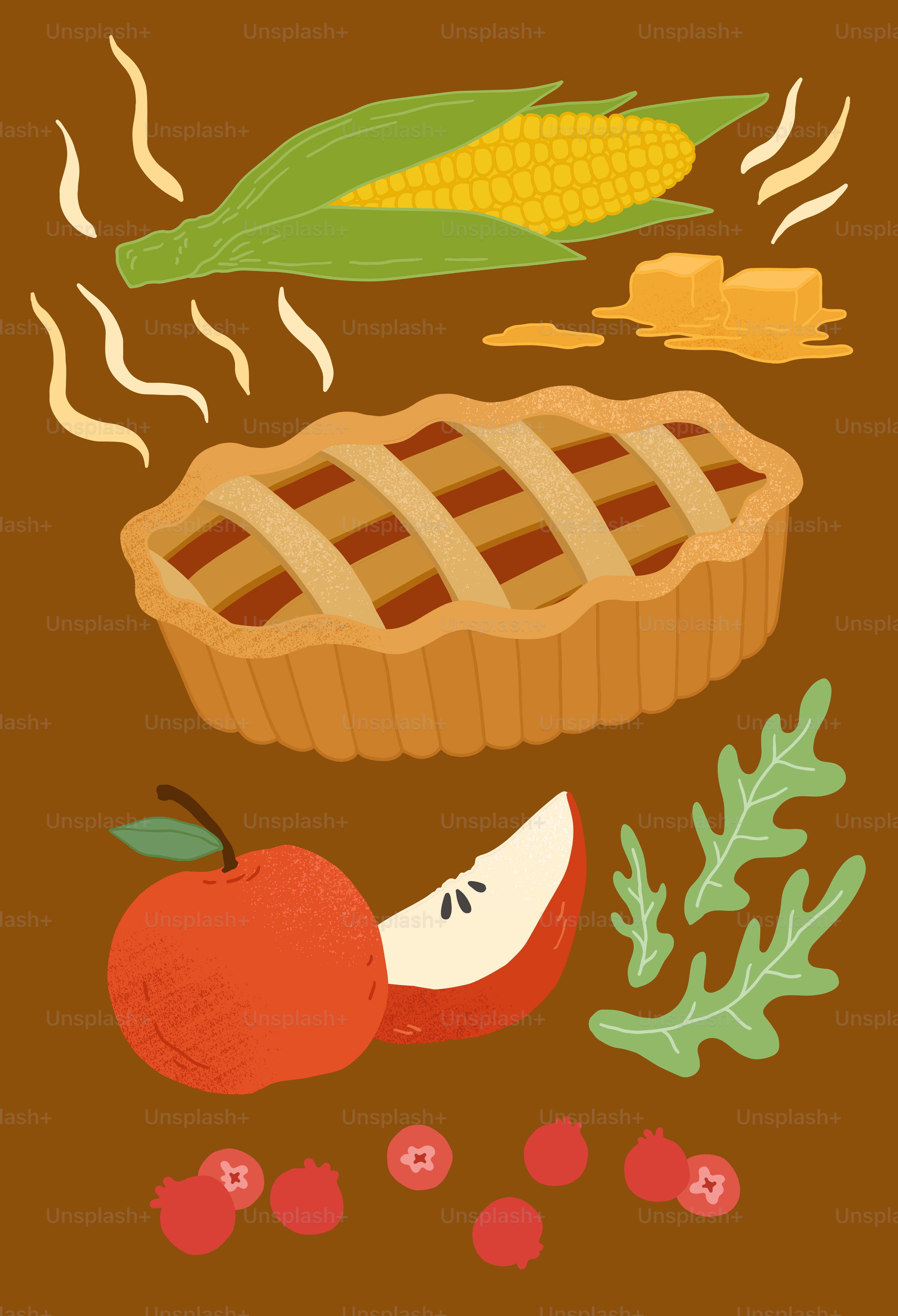 A picture of a pie, apple, corn, and leaves