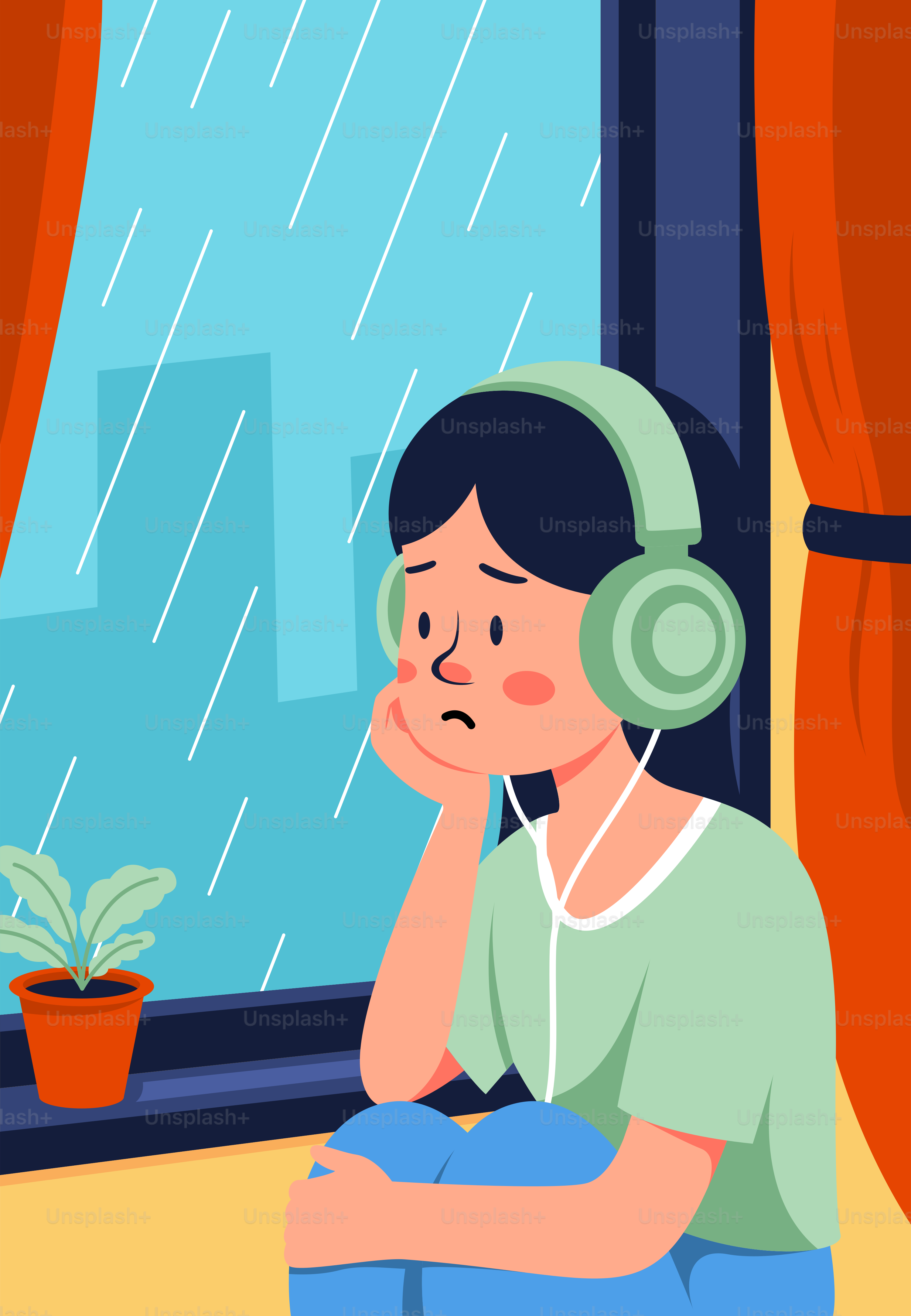 Uma mulher usando fones de ouvido sentada em frente a uma janela