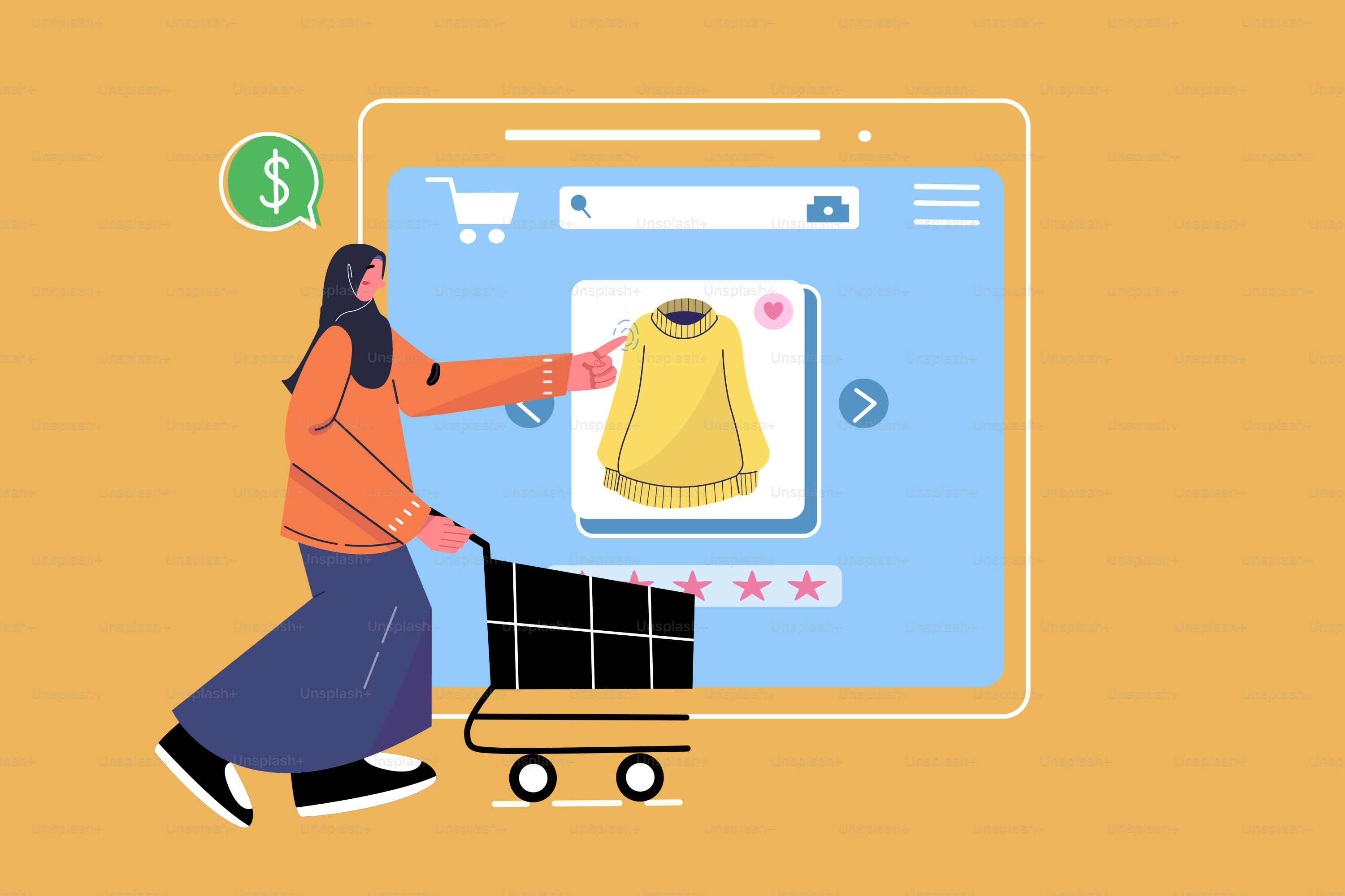 A woman pushing a shopping cart with a t - shirt on it