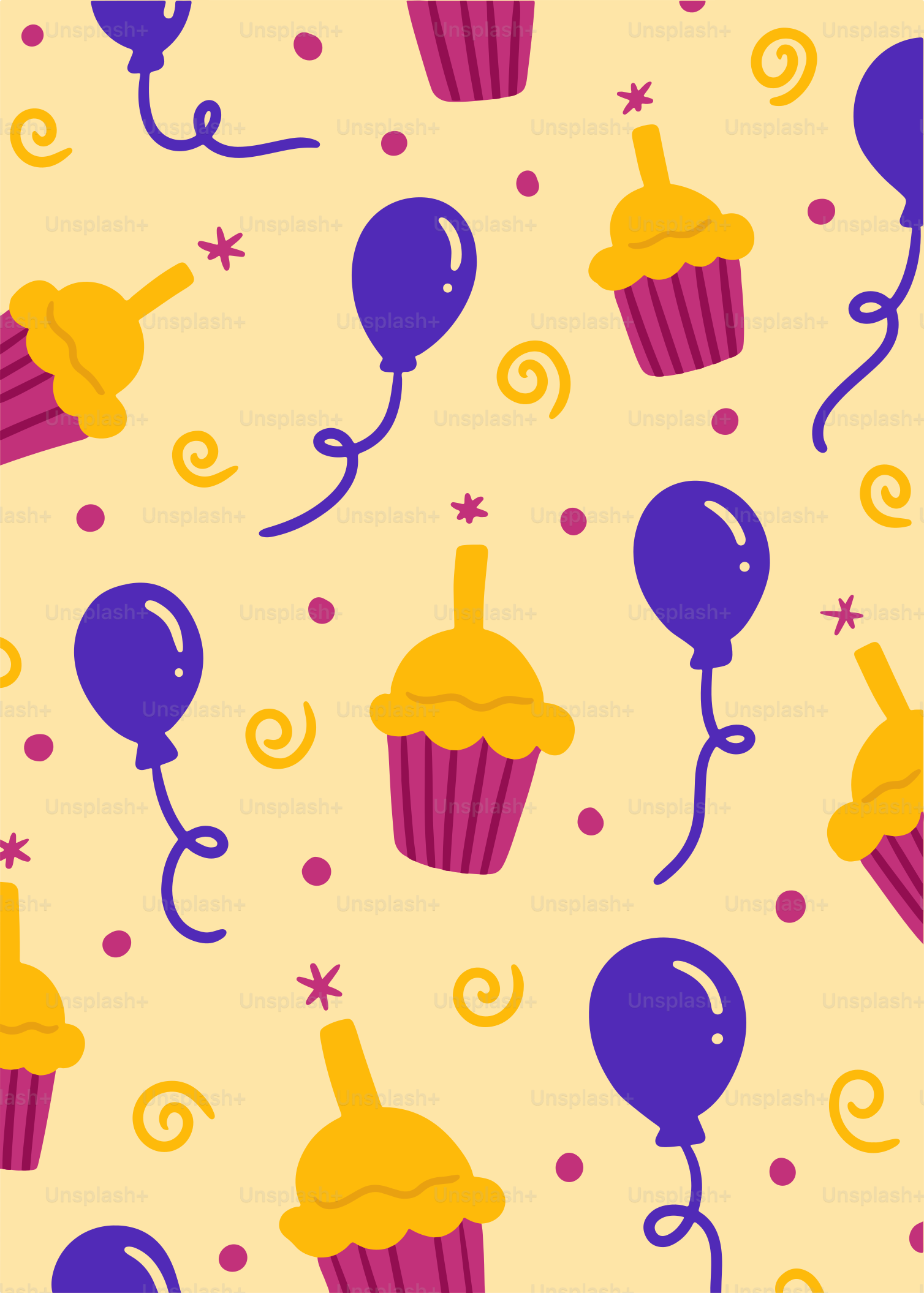 A pattern of balloons and cupcakes on a yellow background