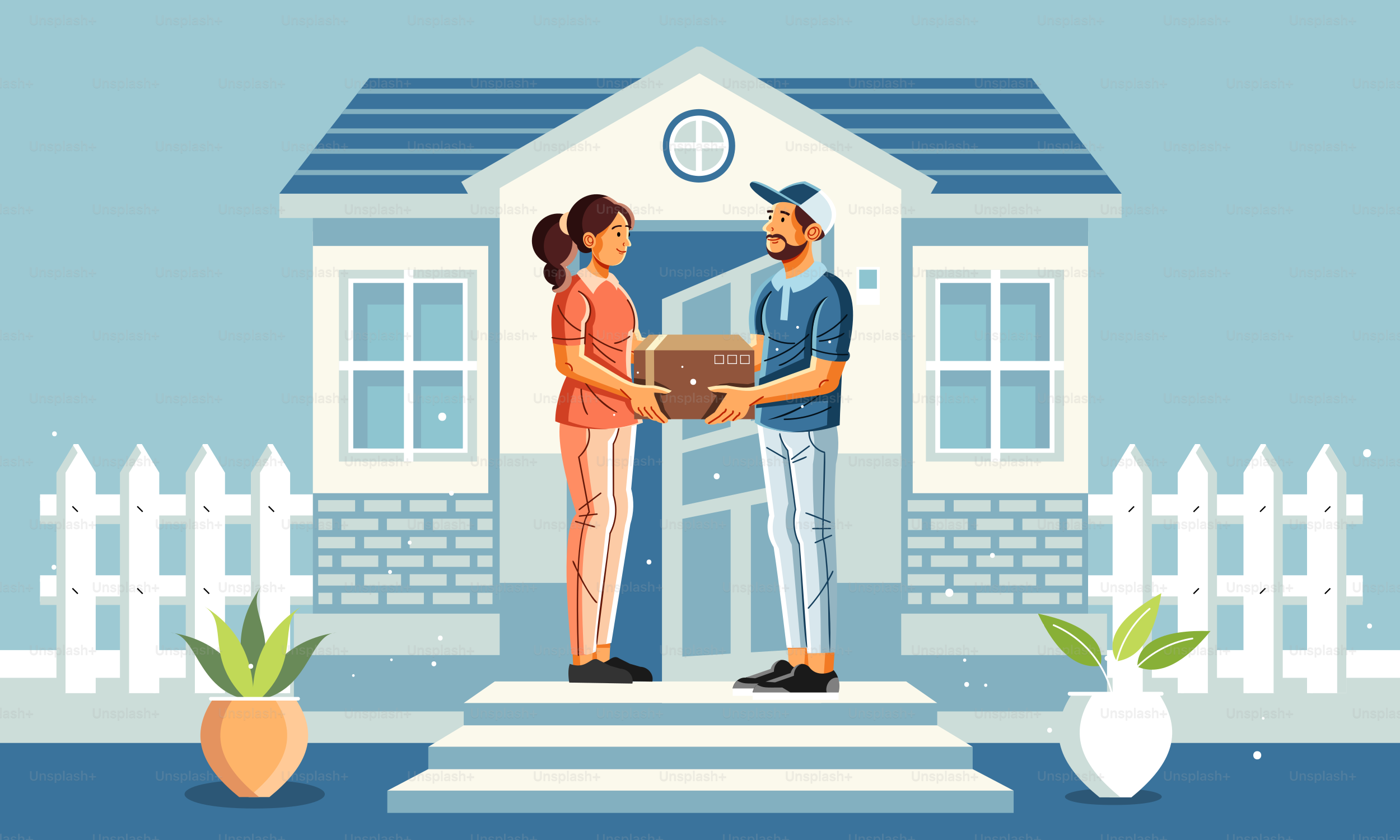 A man handing a woman a box in front of a house