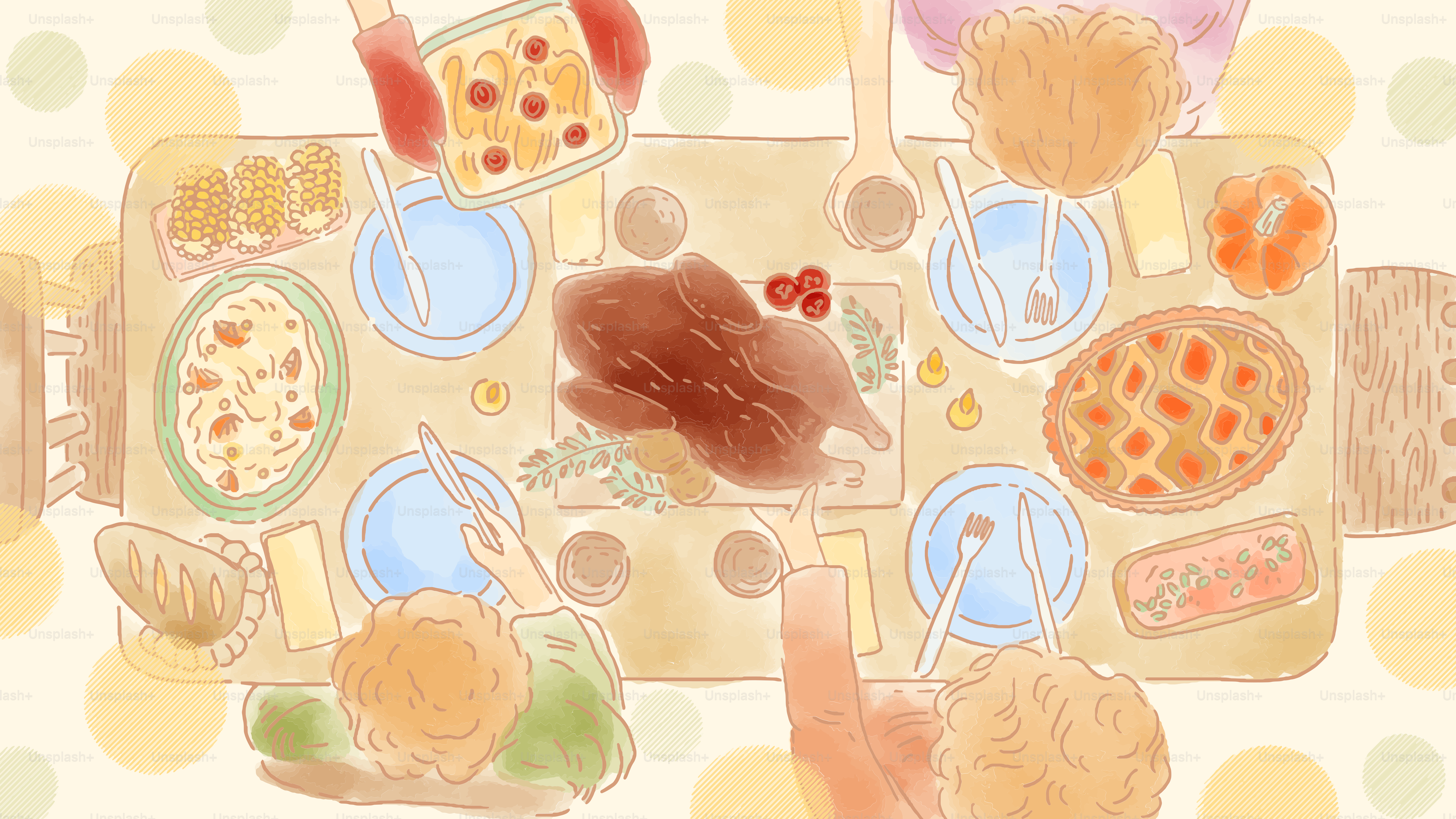 A drawing of a table with food on it