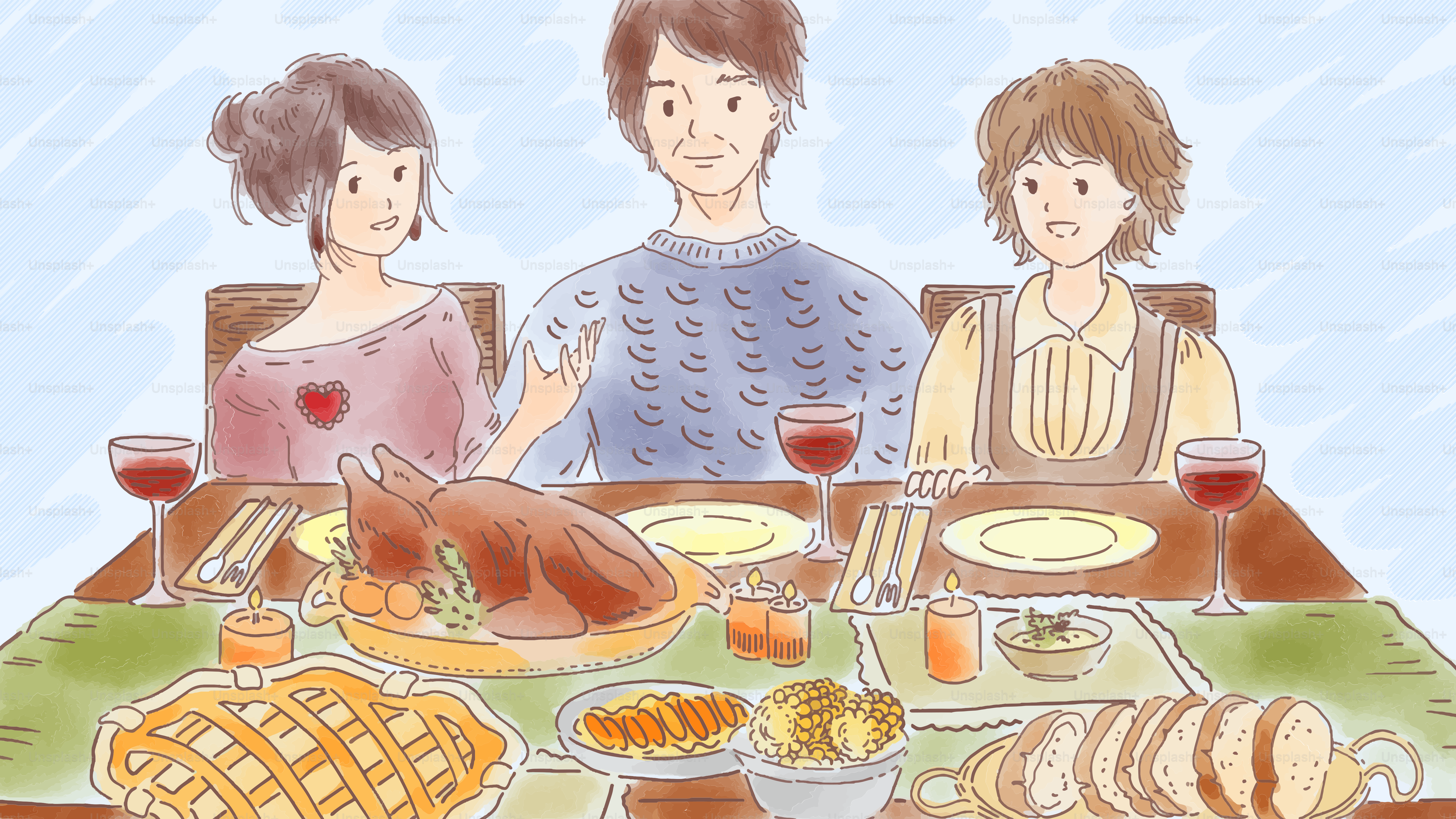 Vektor Sebuah keluarga duduk di meja makan dengan kalkun di atas meja –  Gambar Makanan di Unsplash, image size:3000x1688