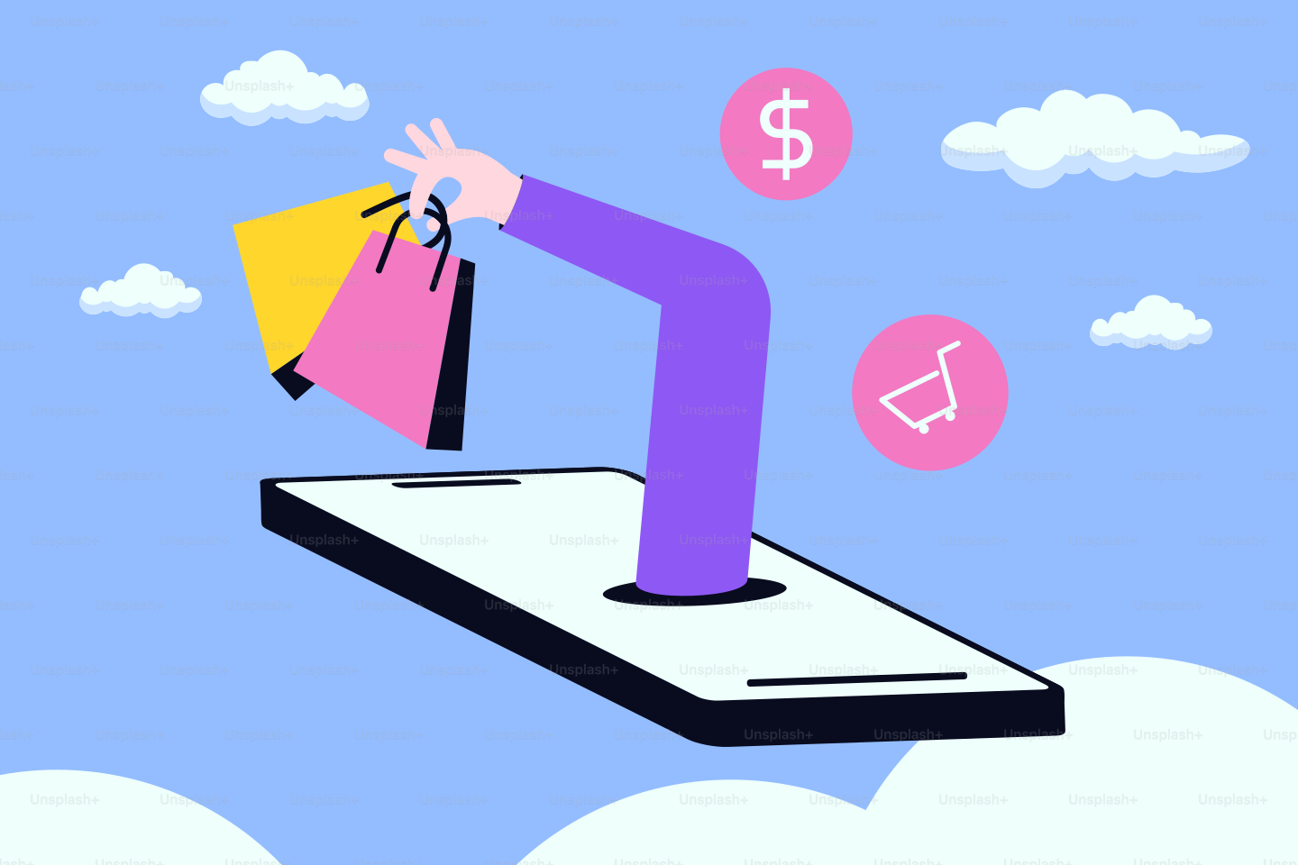 携帯電話の上に買い物袋を載せている人