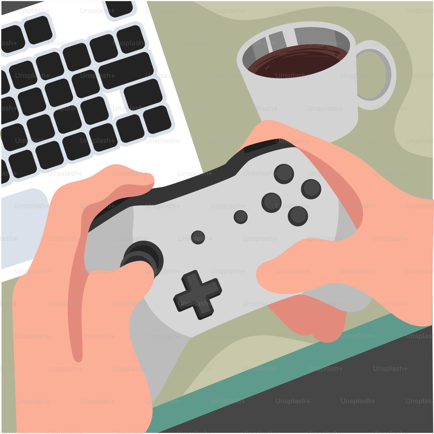 A person holding a game controller next to a keyboard