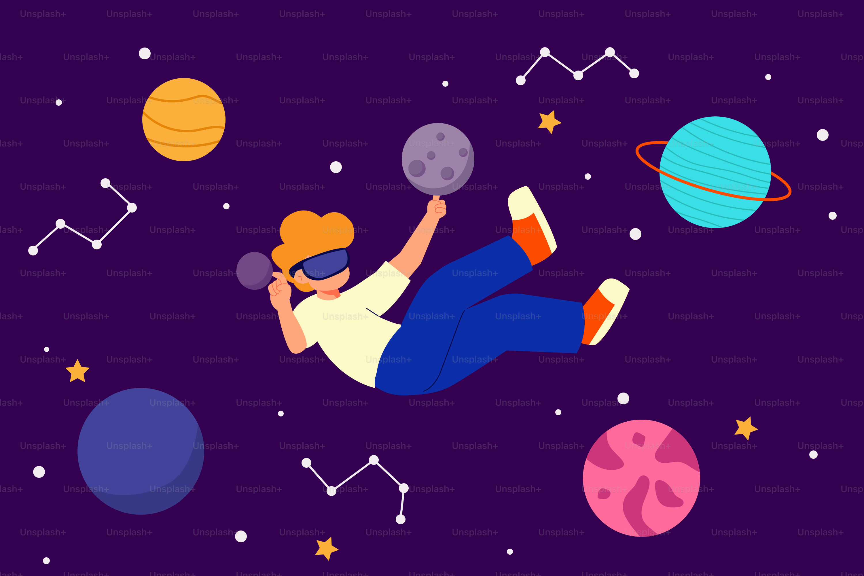 Seorang pria terbang di udara dikelilingi oleh planet-planet