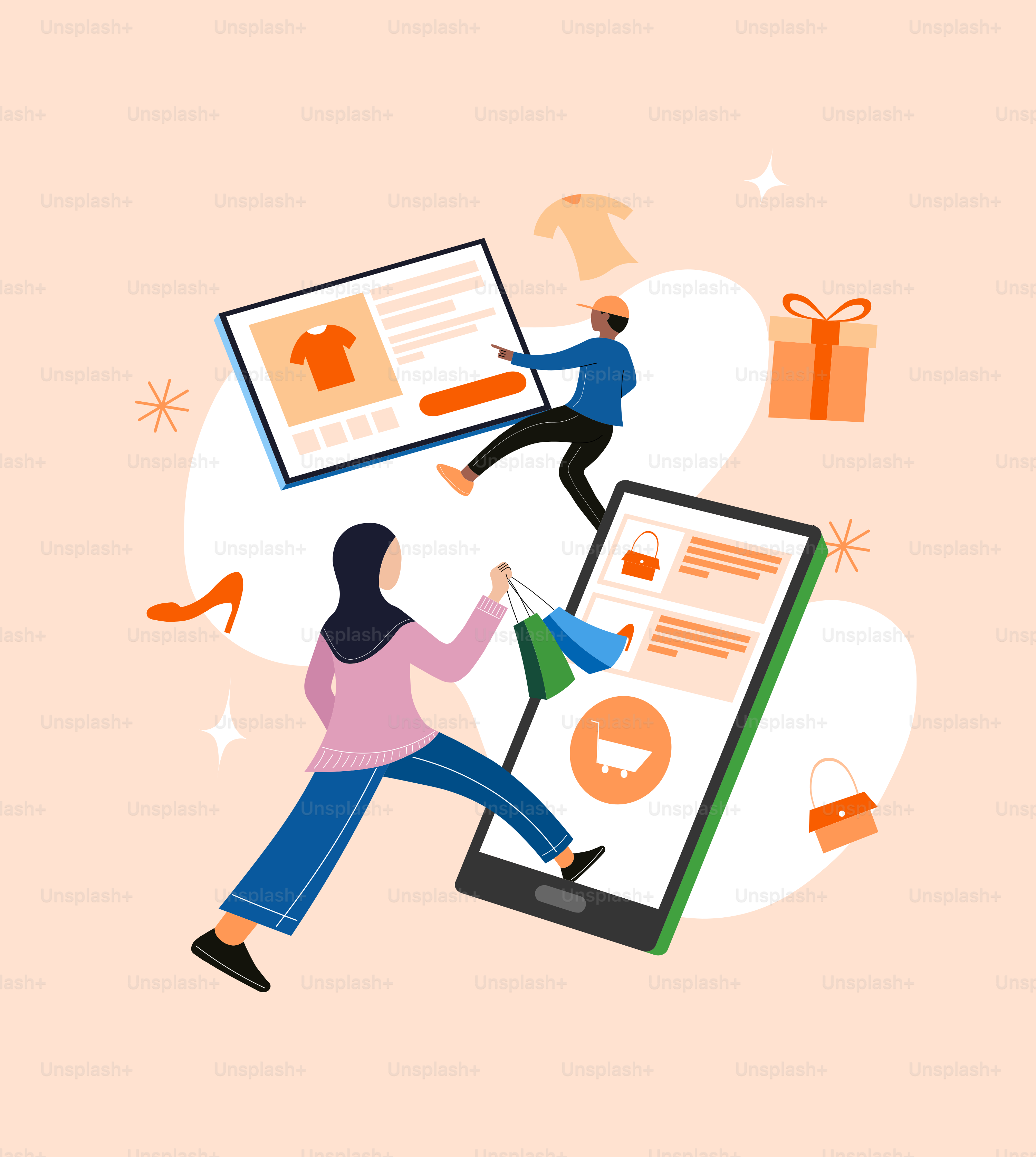 A man and a woman running towards a giant phone screen