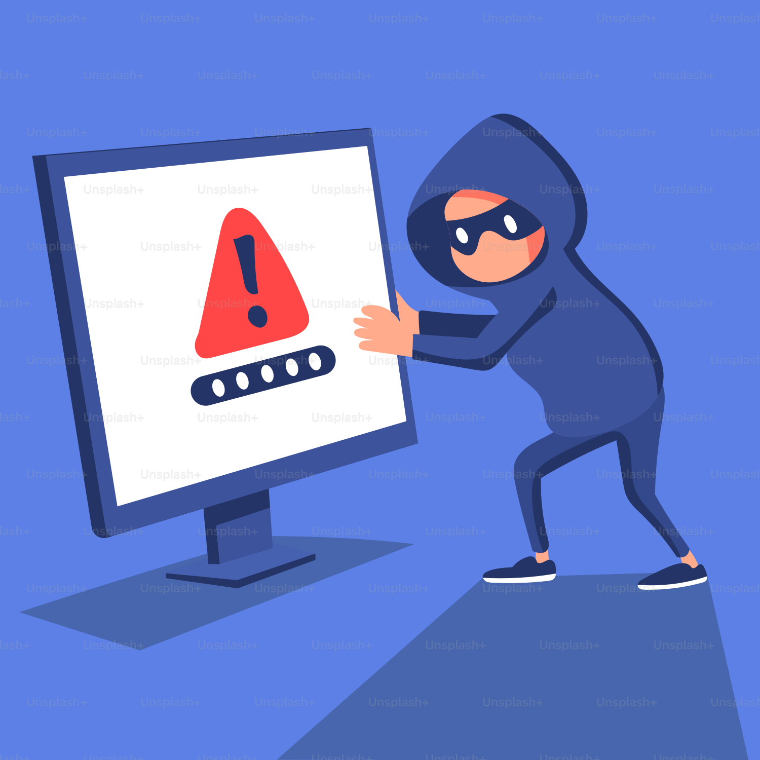 Una persona in un costume da ninja sta indicando lo schermo di un computer