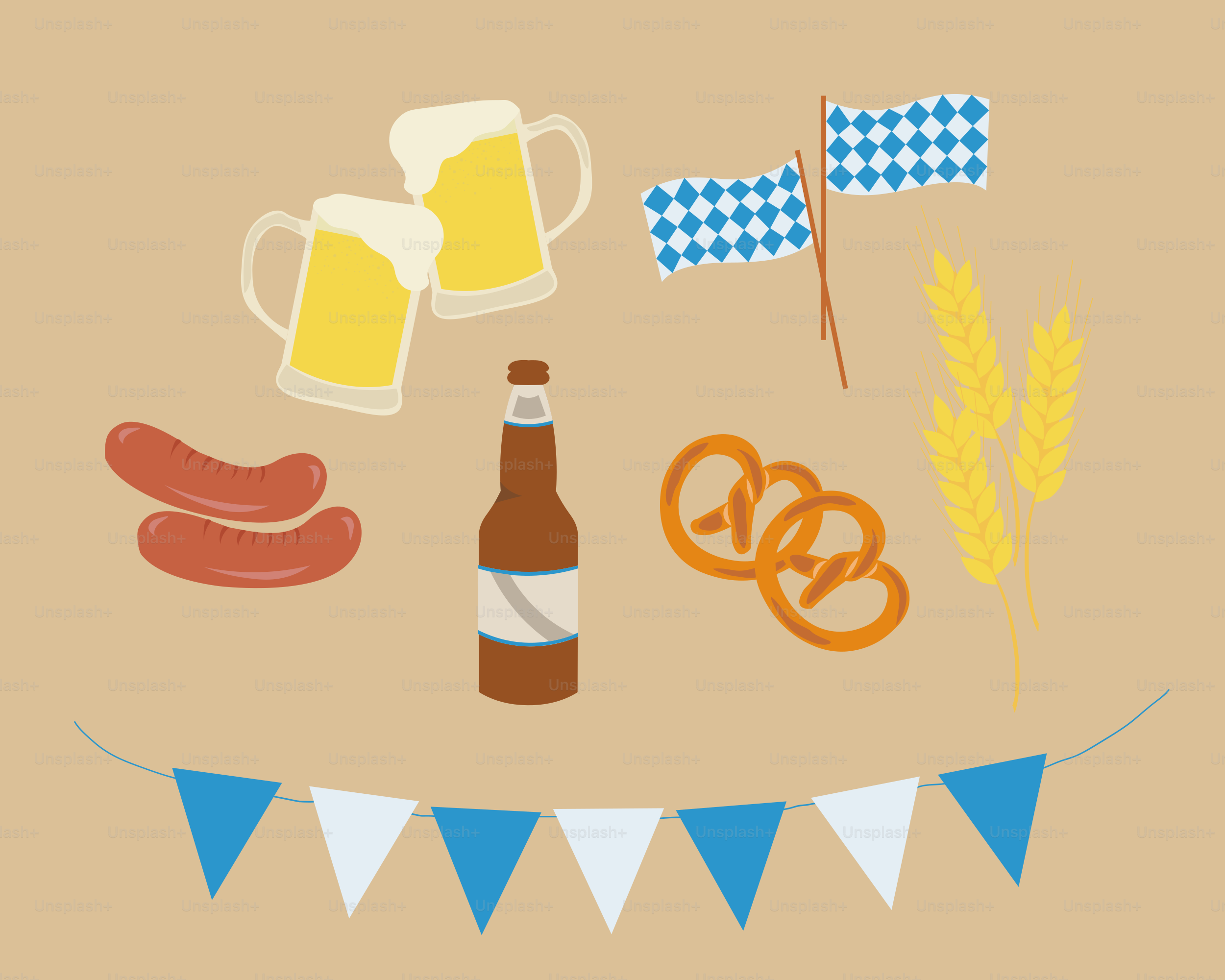 Una foto de una cerveza, salchichas y bollos