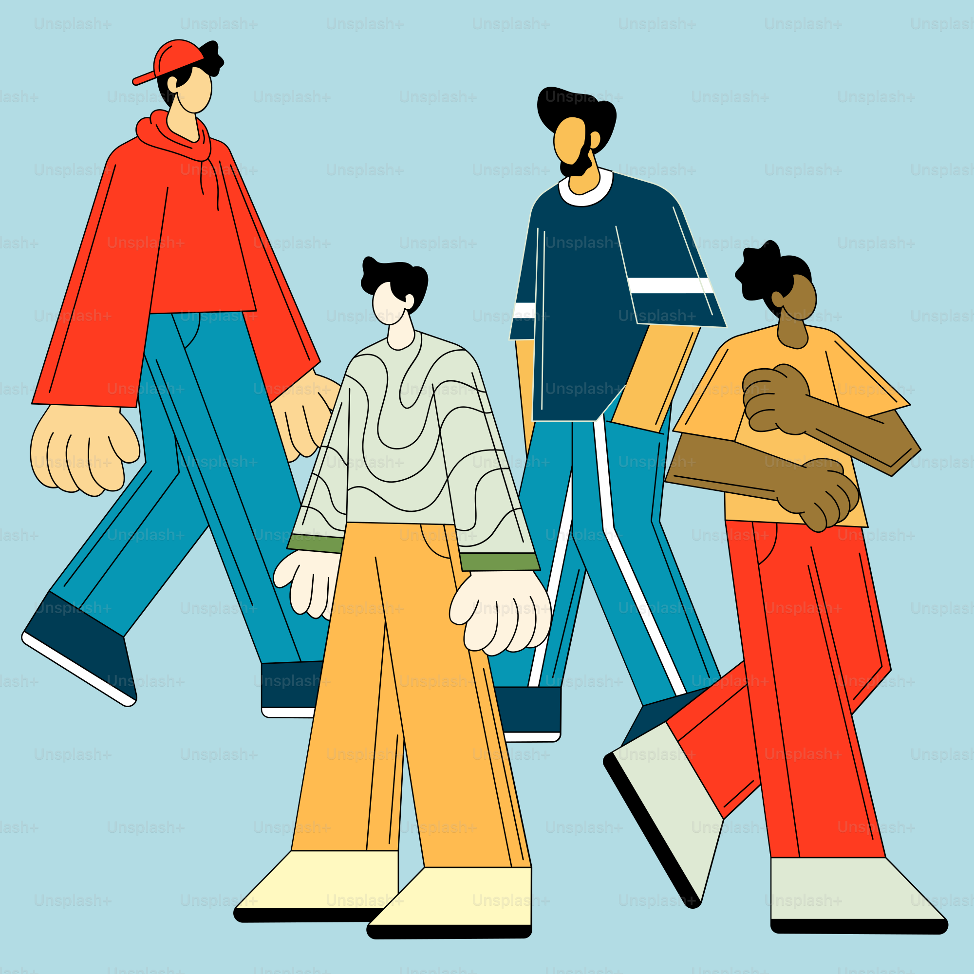 A group of people walking across a blue background