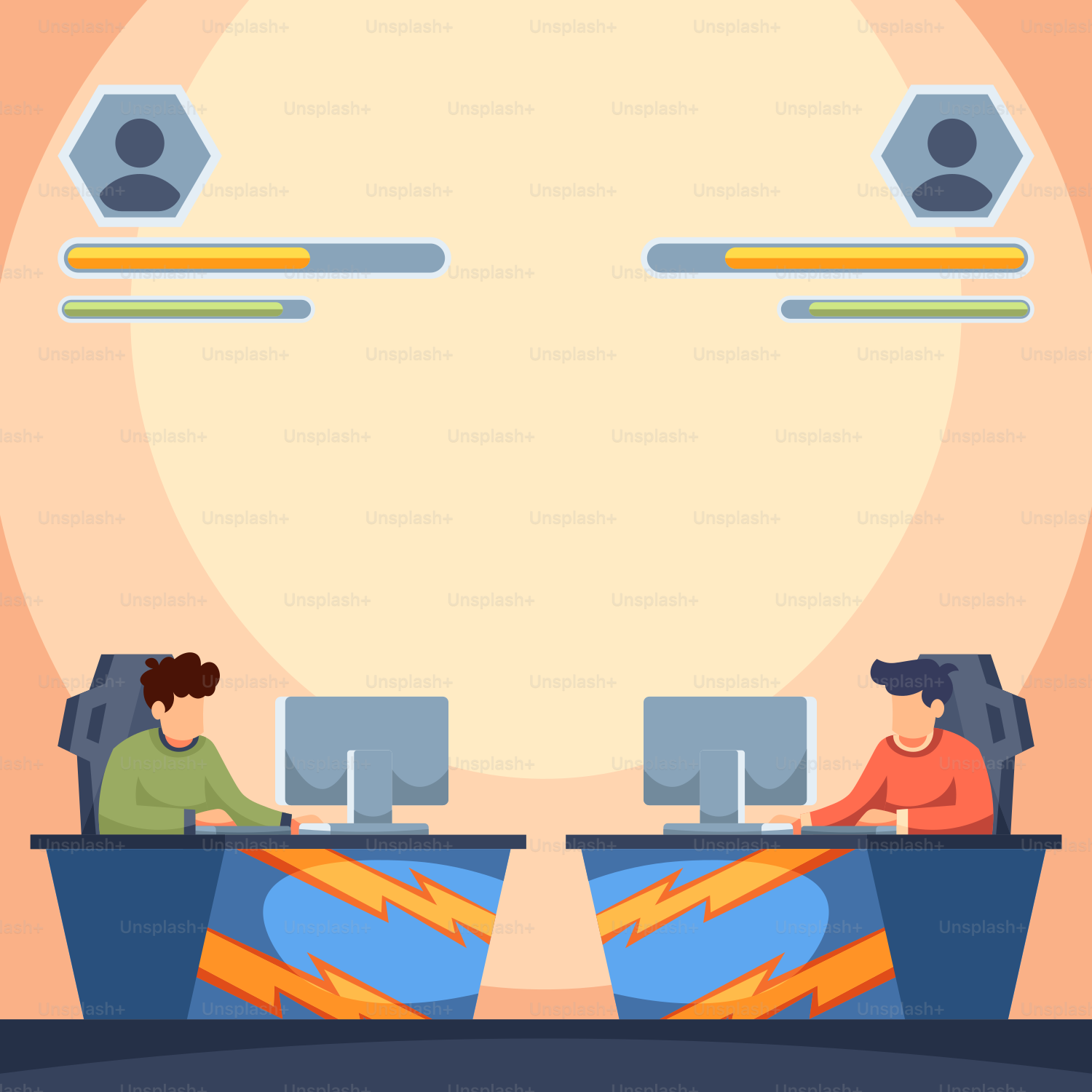 Two people sitting at a desk with computers