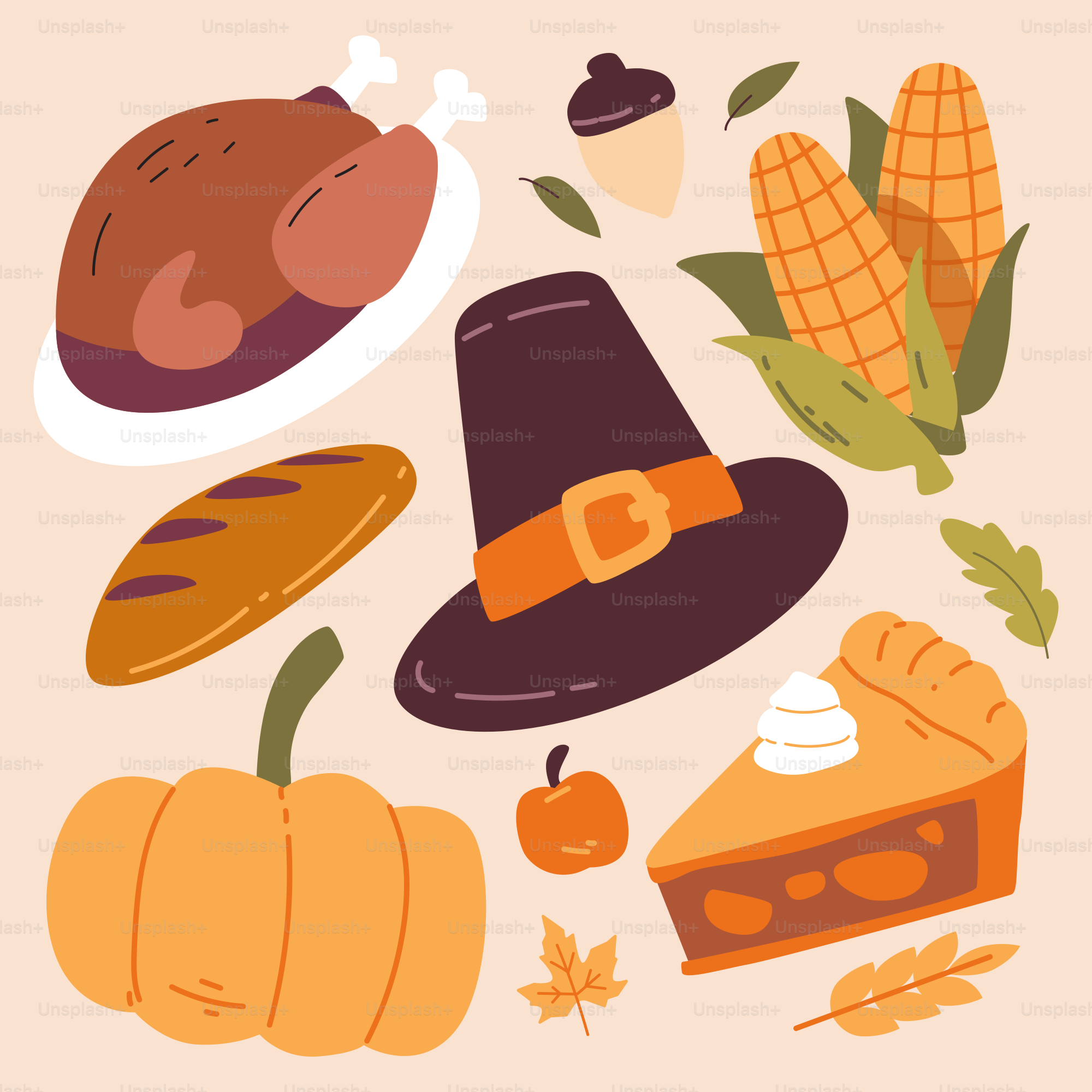 A thanksgiving card with a turkey, pumpkin, corn, pie, and a hat