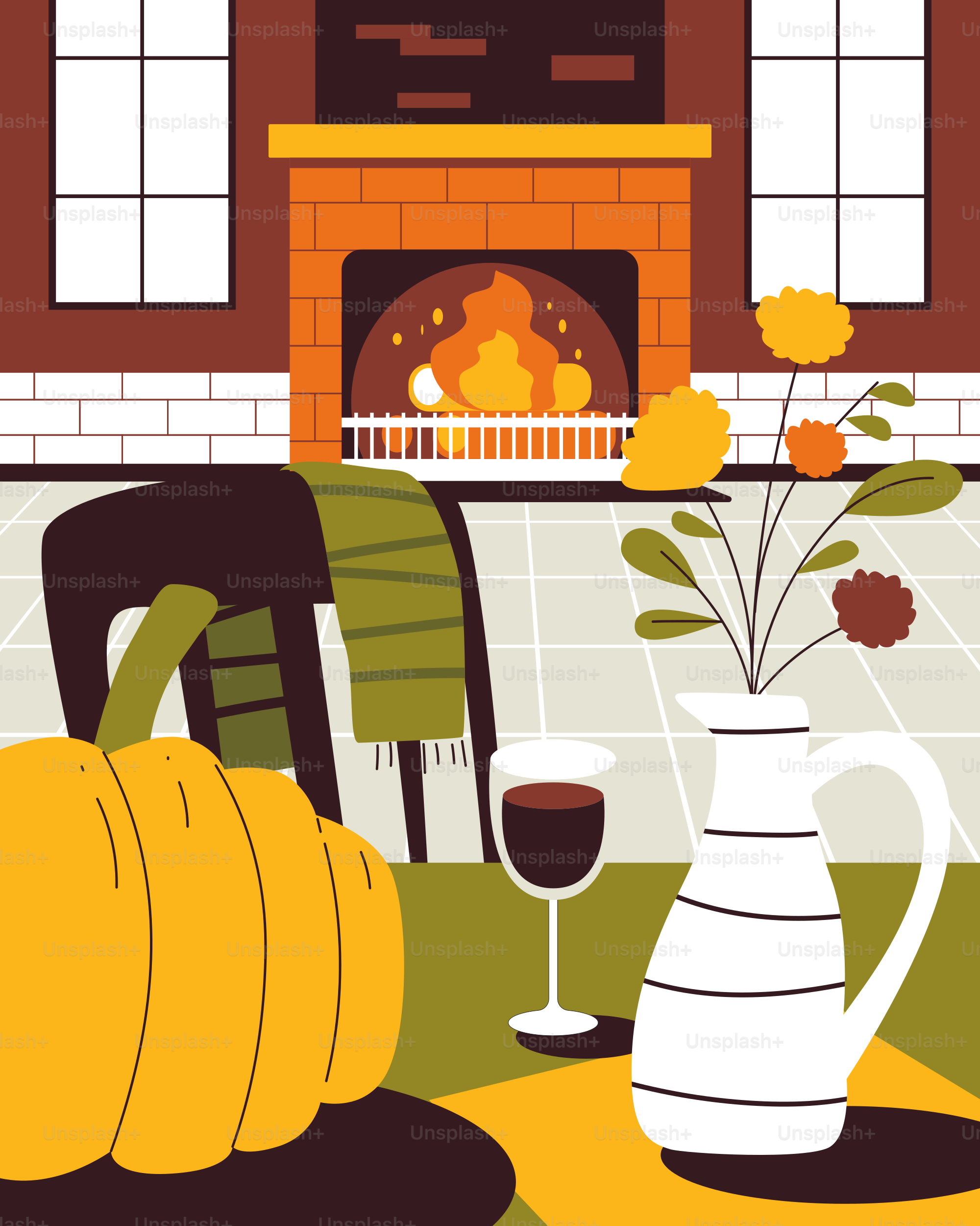 A living room with a fireplace and a vase of flowers