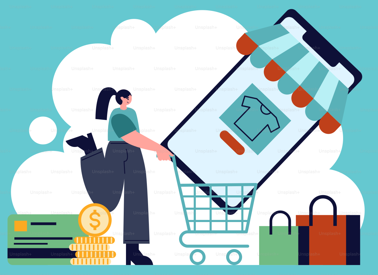 A woman pushing a shopping cart with a mobile phone in it