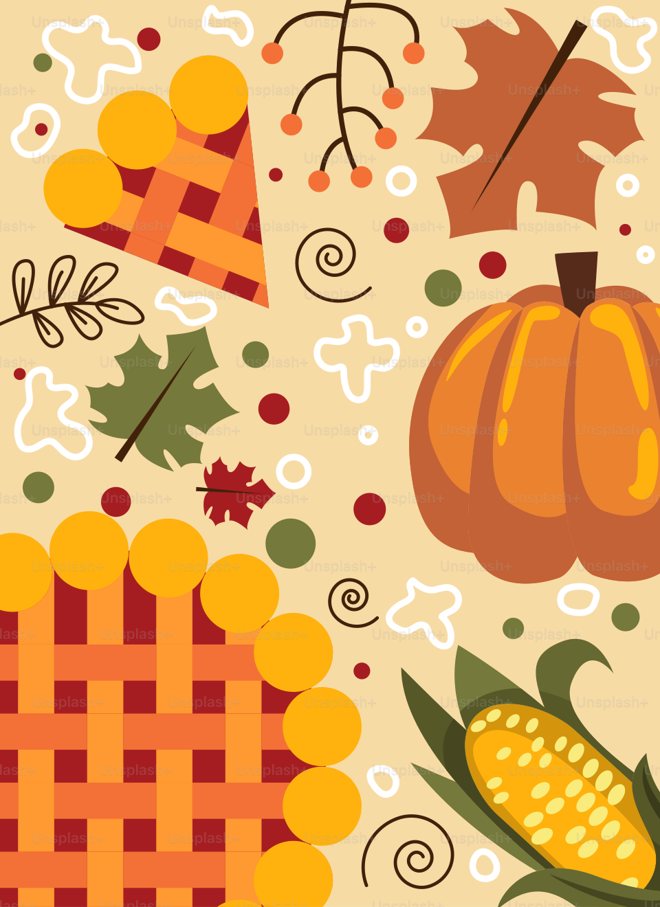 A pattern with a pumpkin, corn, and leaves