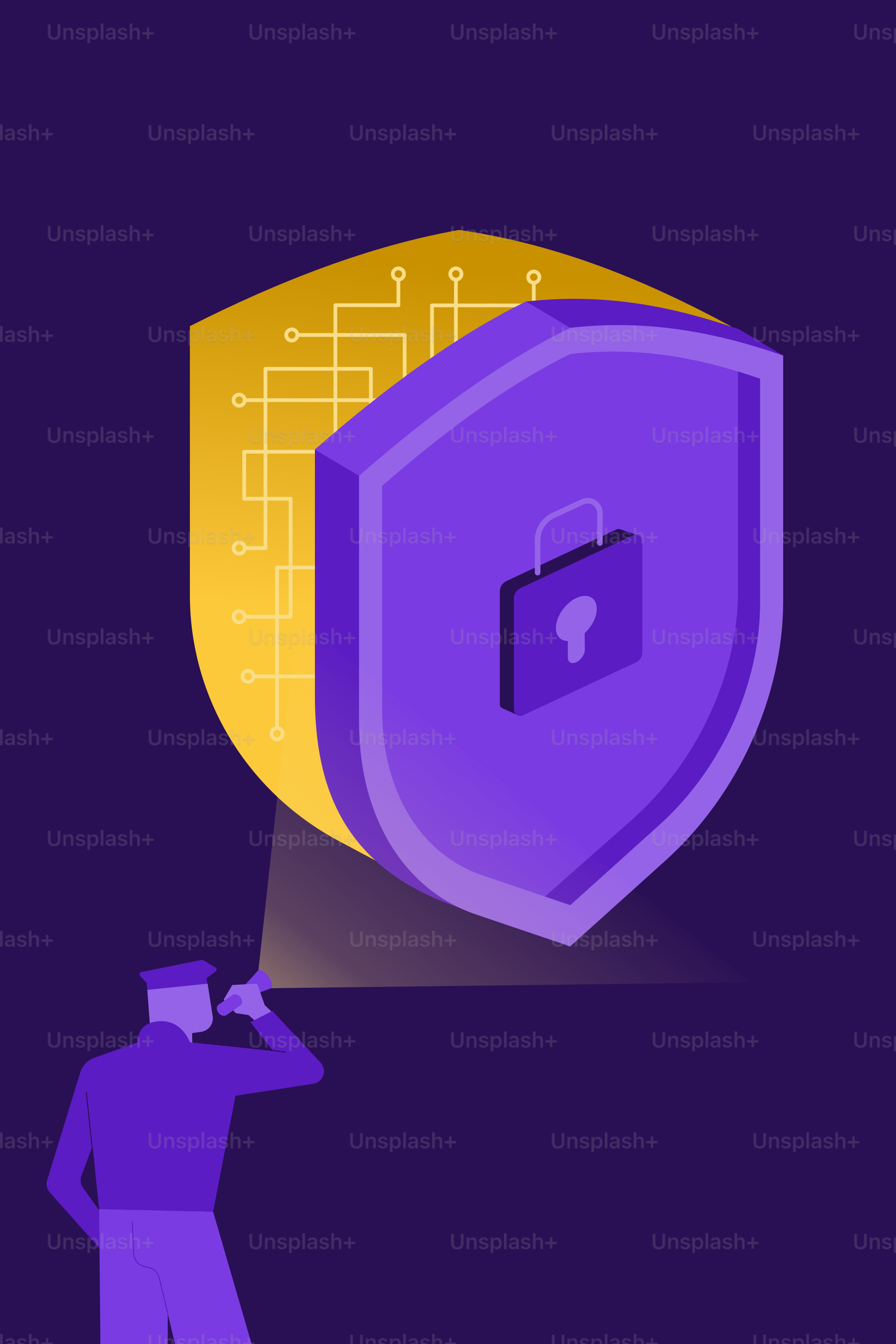 Um homem em pé na frente de um escudo com uma fechadura nele