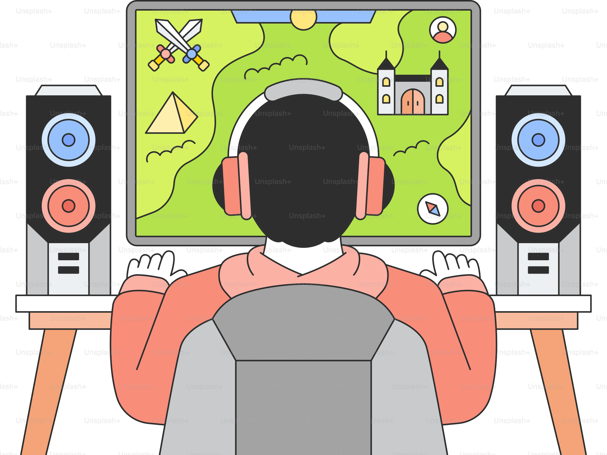 A person sitting in front of a computer with headphones on