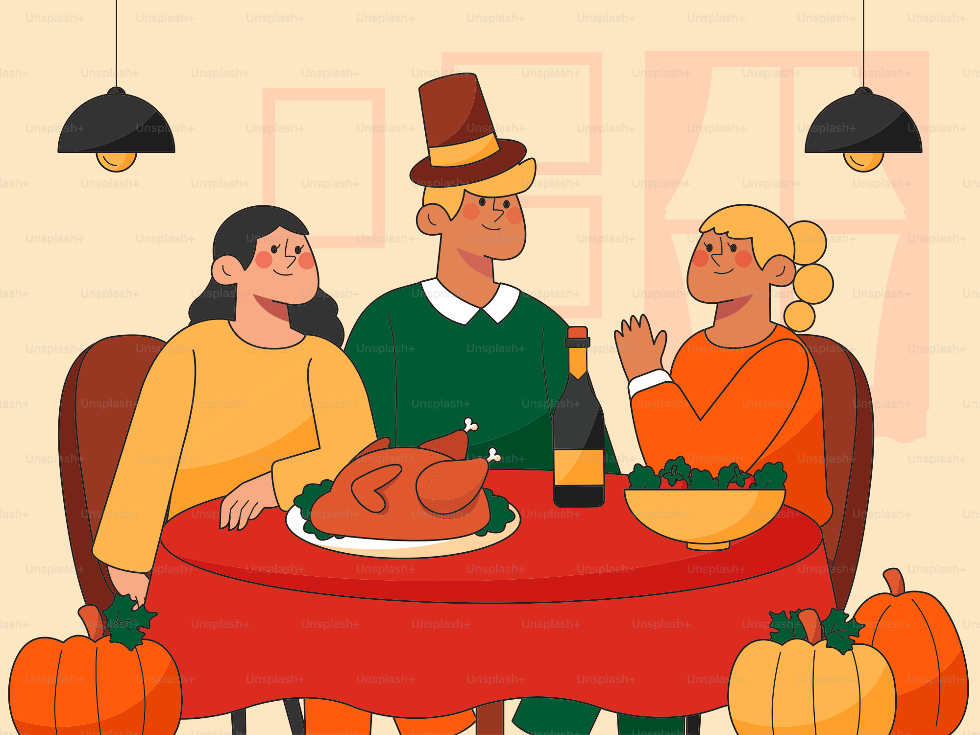 A man and woman sitting at a table with a turkey