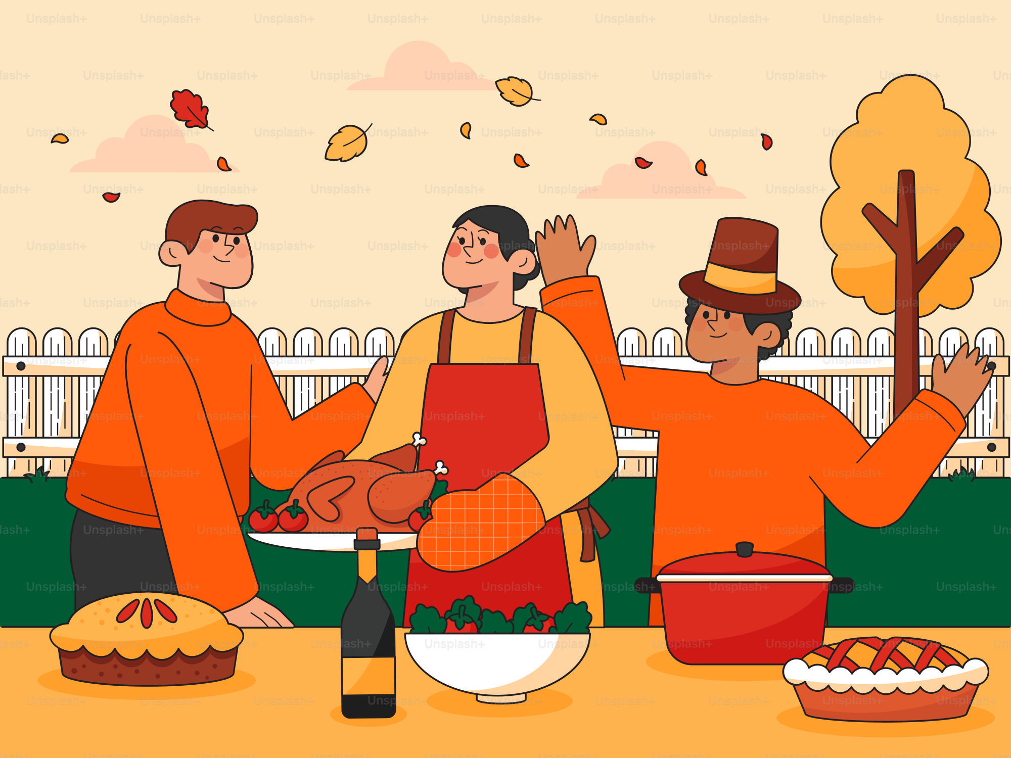 A group of people standing around a table filled with food