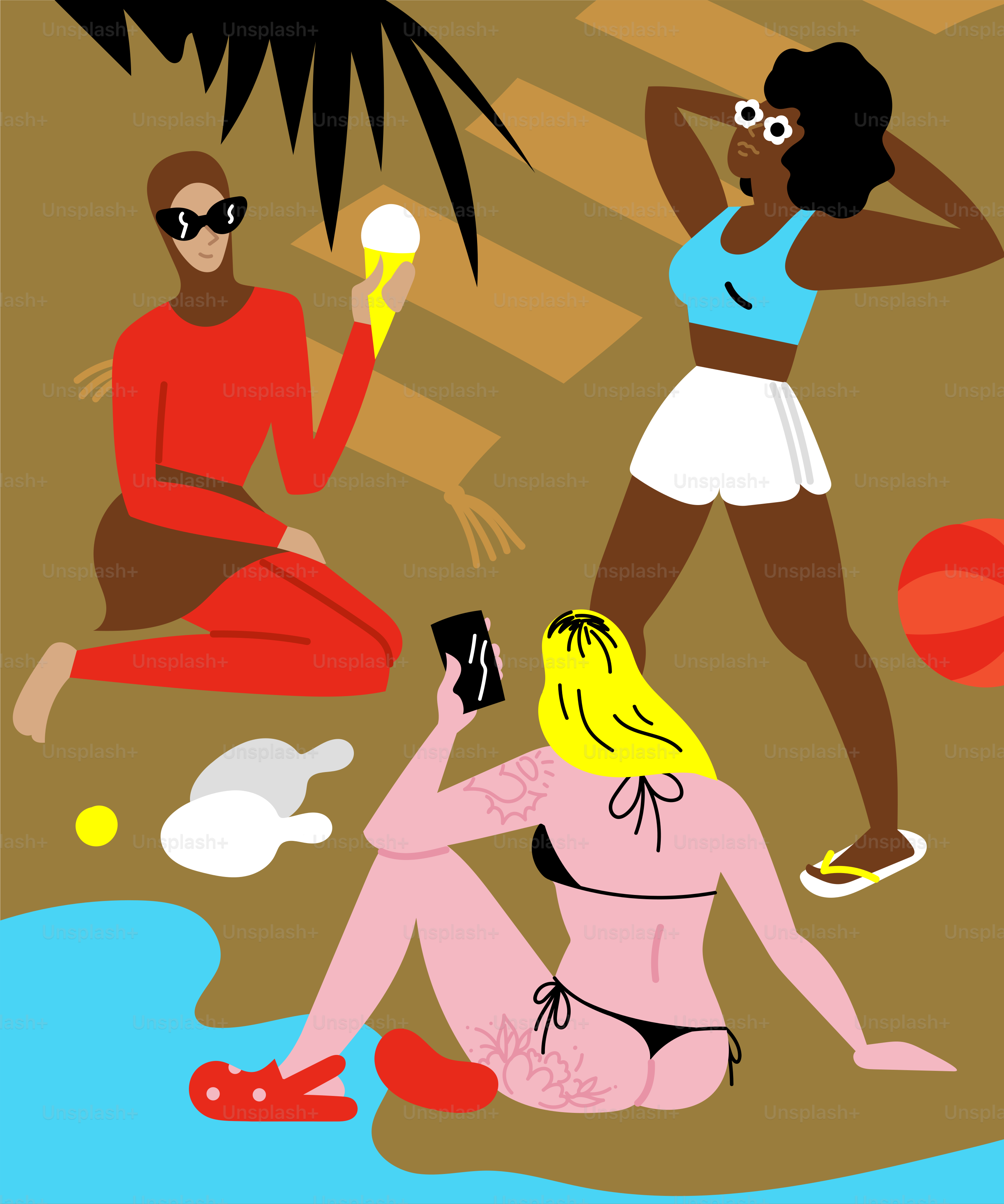 A group of women sitting on top of a beach