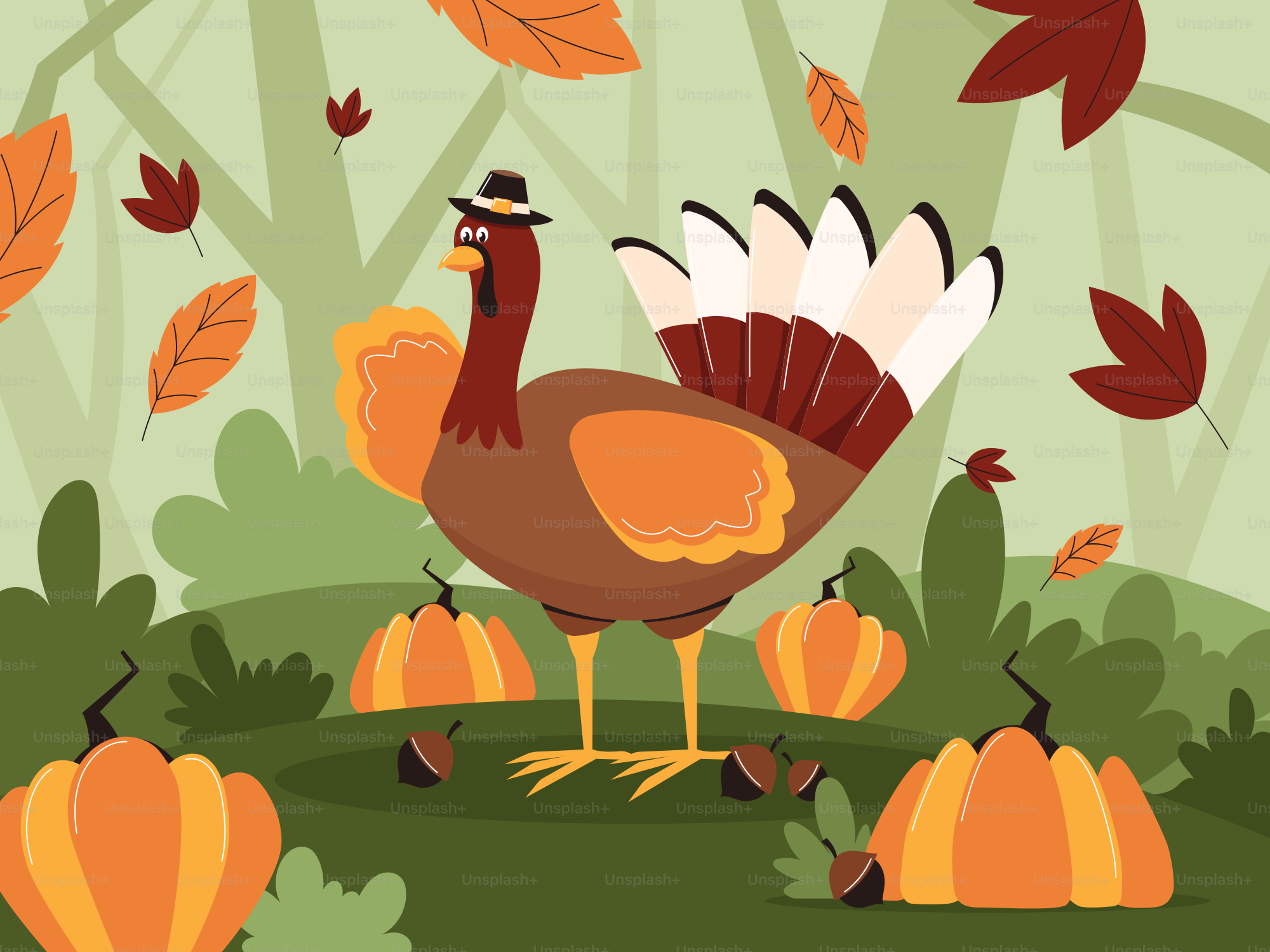 A turkey is standing in a field of pumpkins