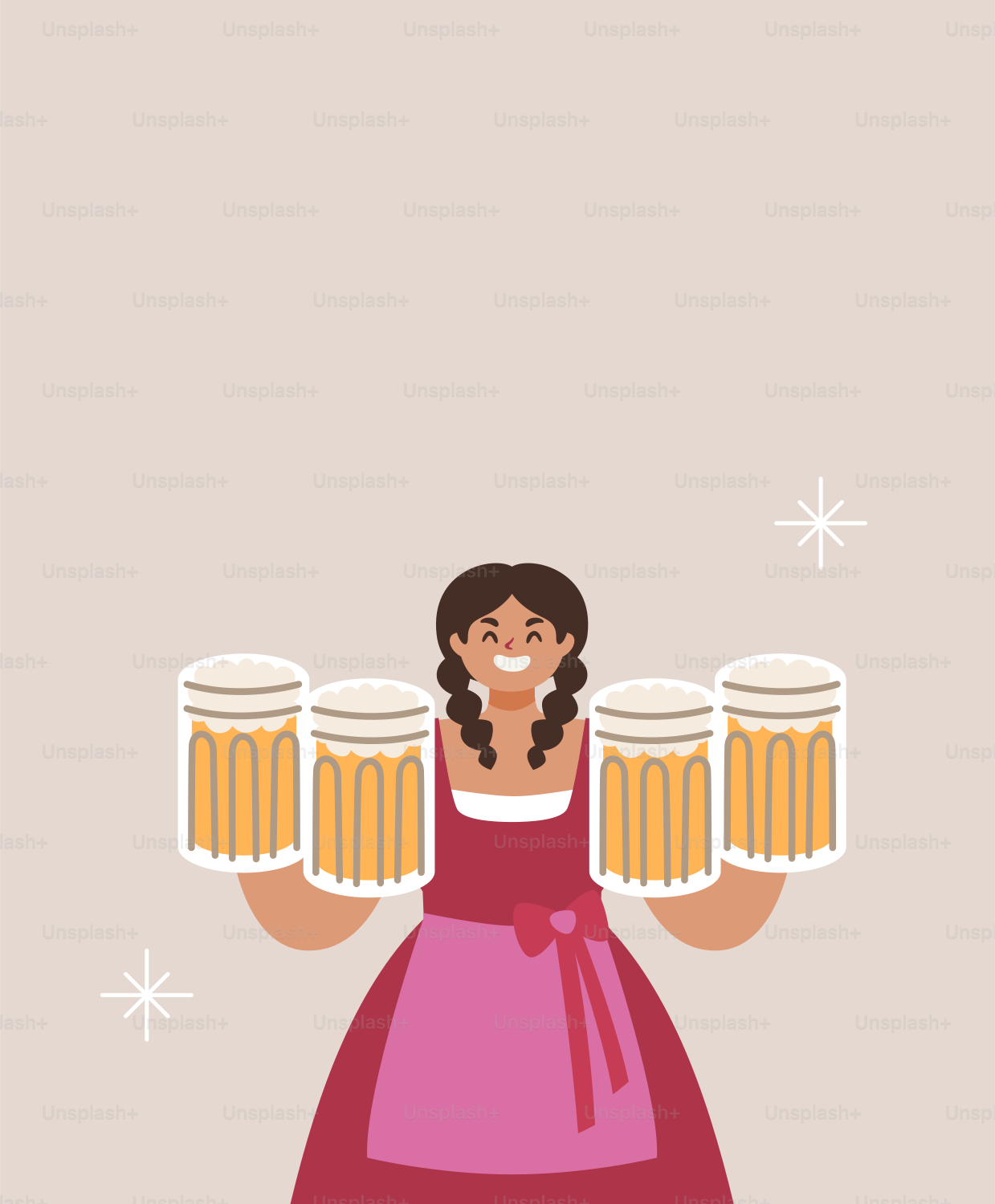 Une femme en robe rouge tenant deux chopes de bière