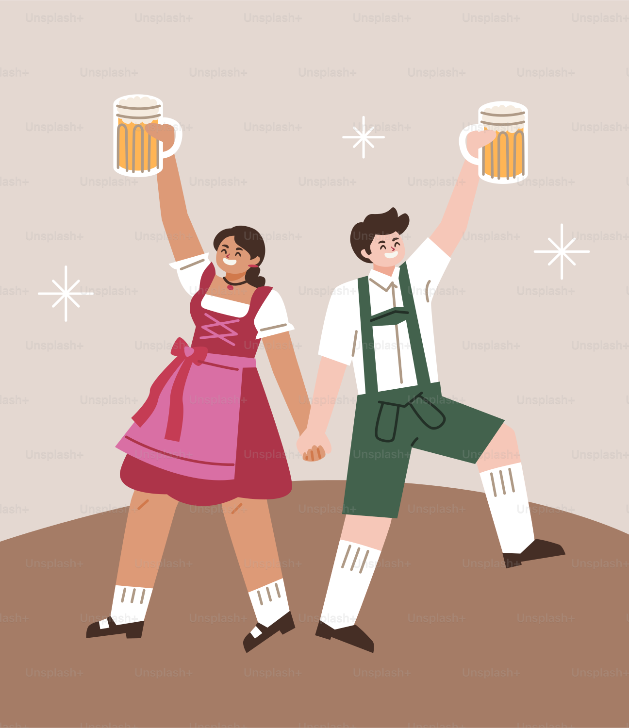 A man and a woman are dancing with mugs of beer