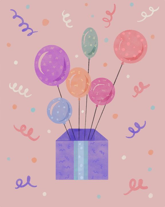 A birthday card with balloons in a gift box