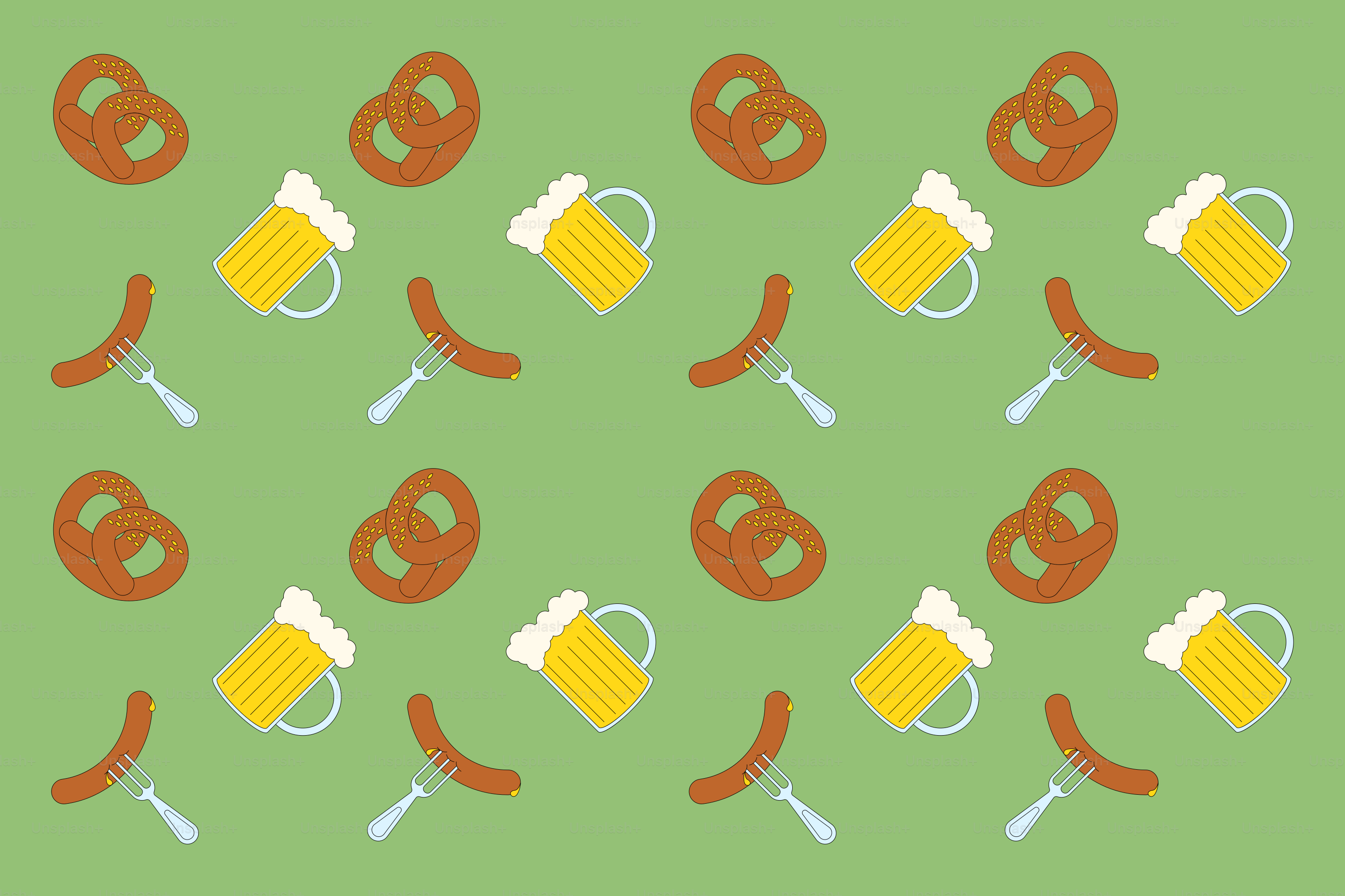 Un fond vert avec un motif de chopes de bière et de saucisses