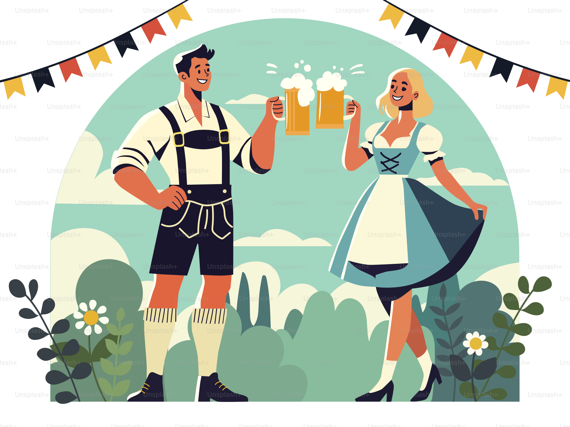 A man and a woman are holding mugs of beer