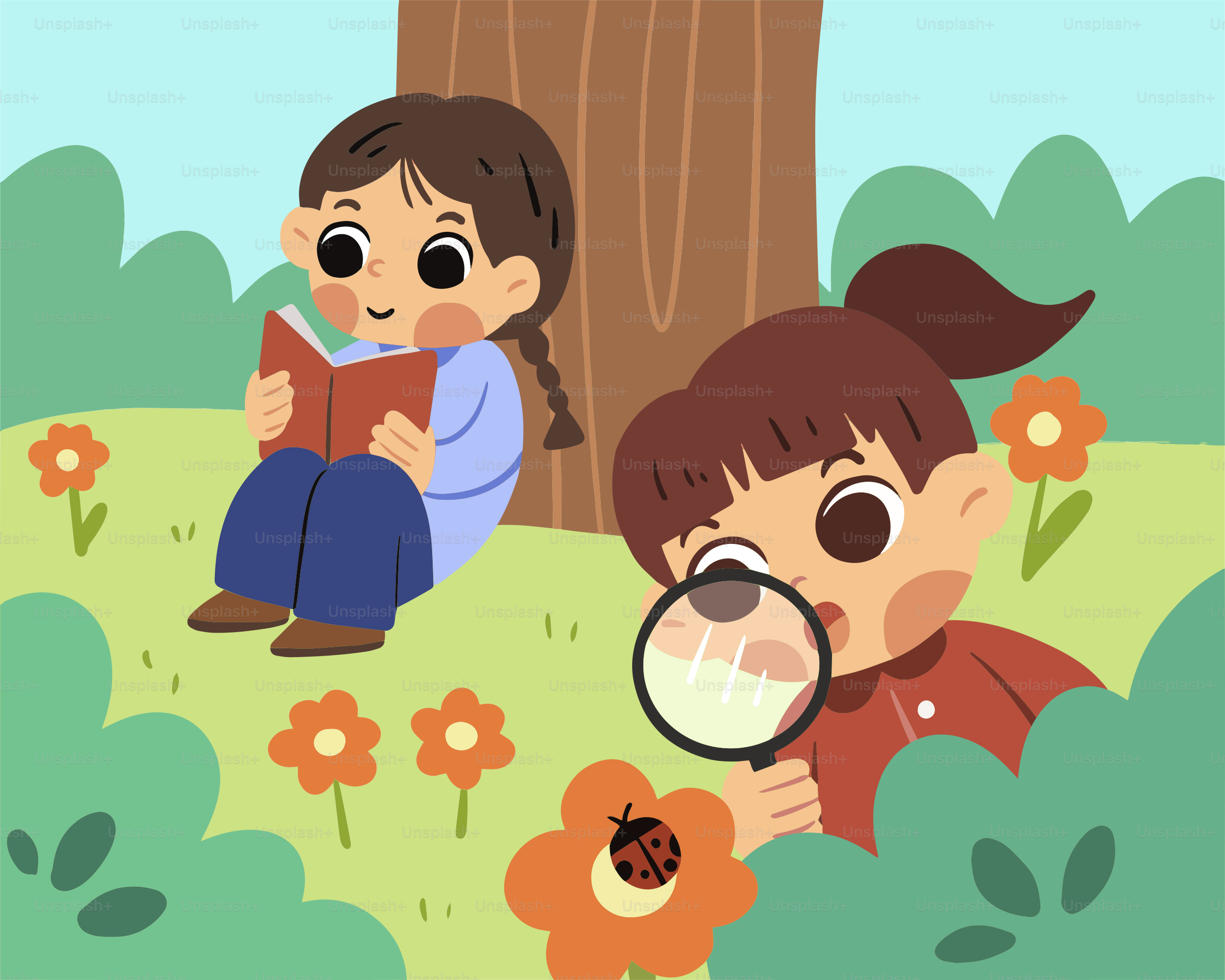 Ein Junge und ein Mädchen, die durch eine Lupe schauen