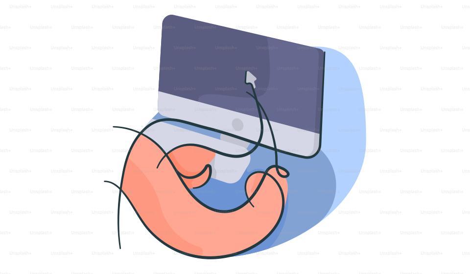 Uma mão segurando um monitor de computador com um cabo conectado a ela