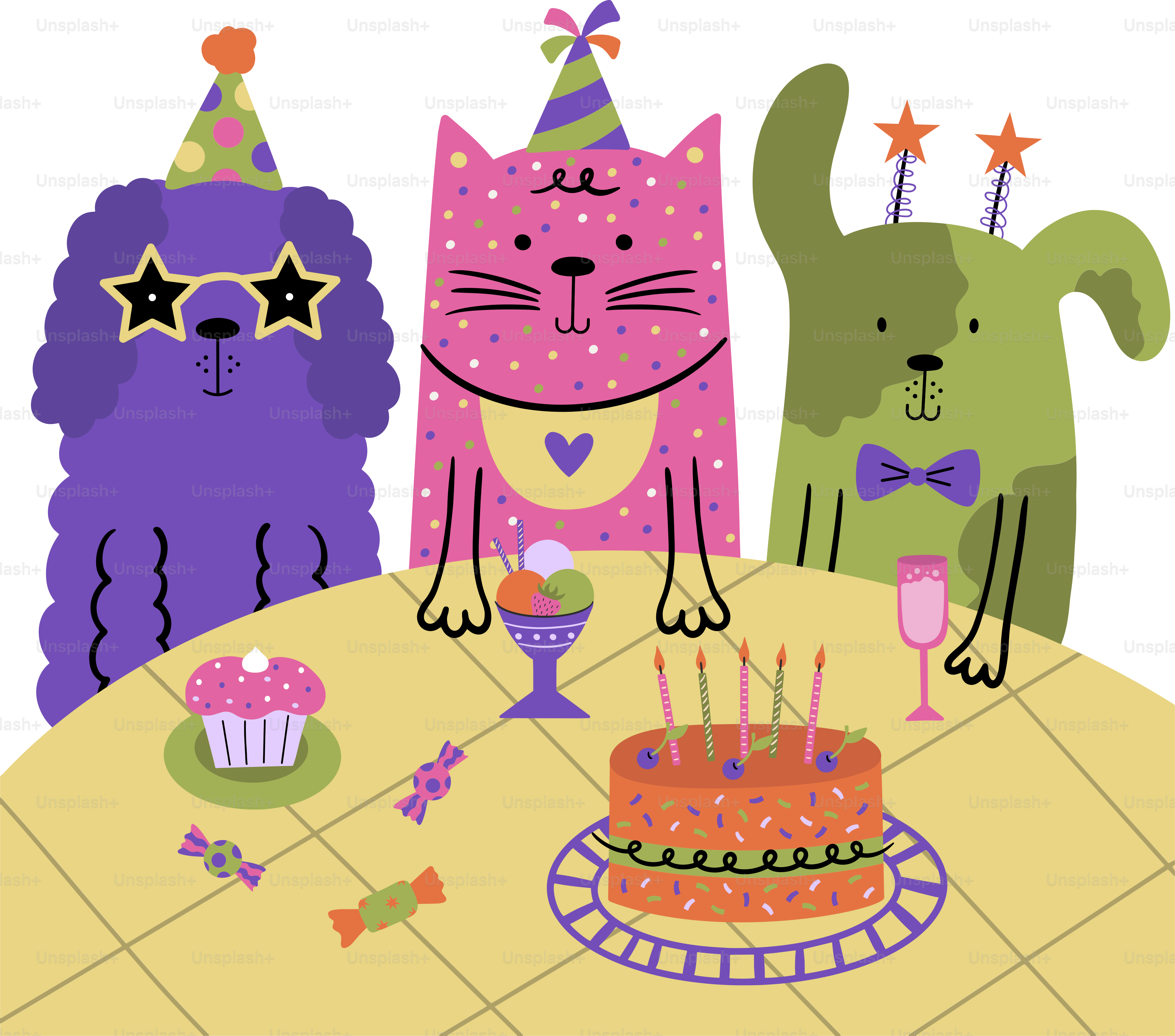Three cats sitting at a table with a cake