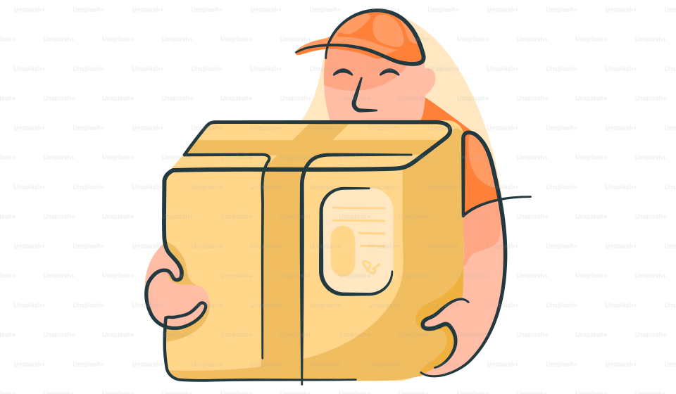 Un hombre sosteniendo una caja de cartón con la palabra entrega escrita en ella