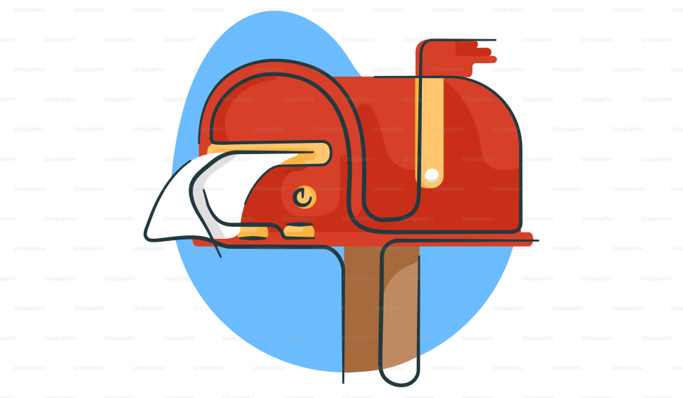 A red mailbox sitting on top of a wooden post