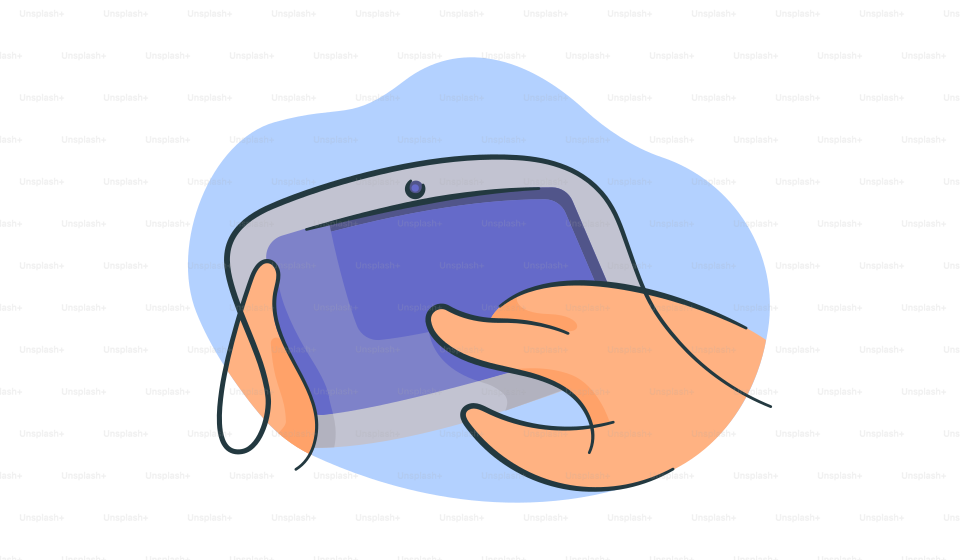 A hand holding a smart phone with a blue screen