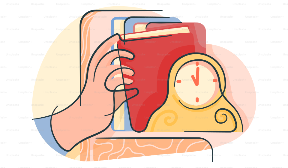 A hand is holding a book and a clock