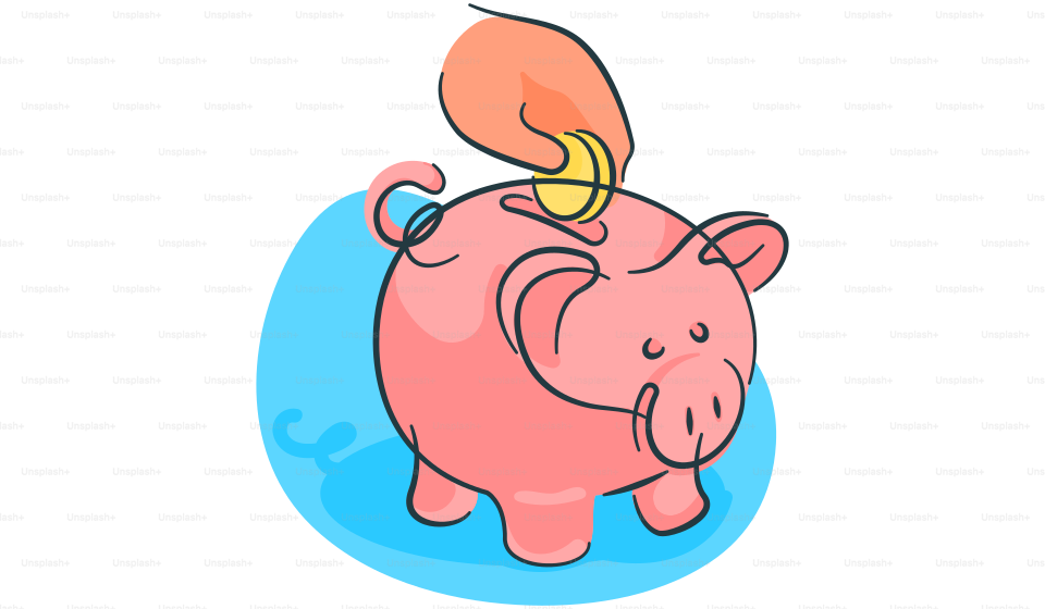Ein rosafarbenes Sparschwein, das auf einem blauen Pool sitzt