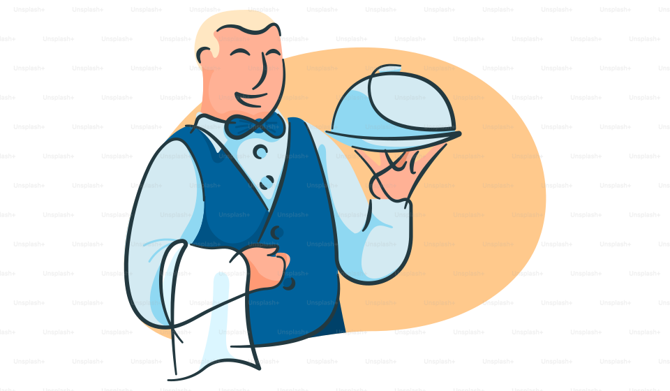 A man in a blue vest holding a silver platter
