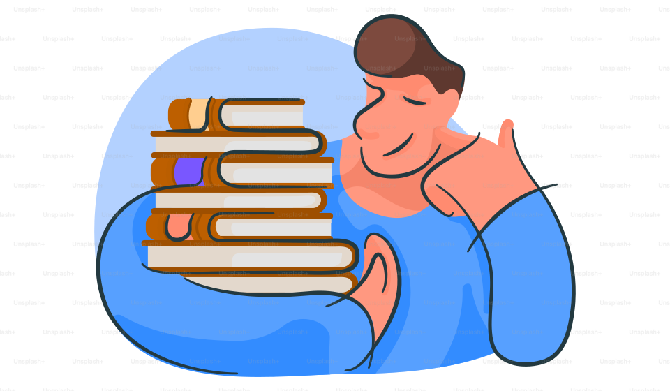 A man is holding a stack of books