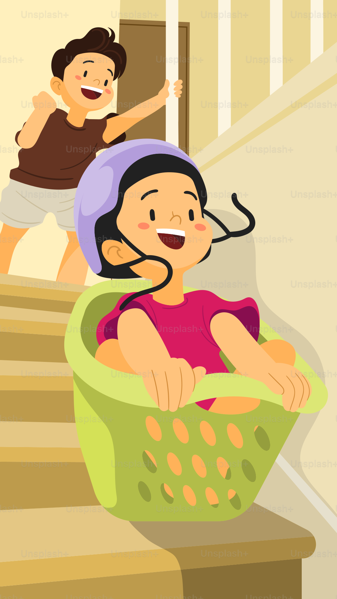 A boy and a girl walking up a flight of stairs