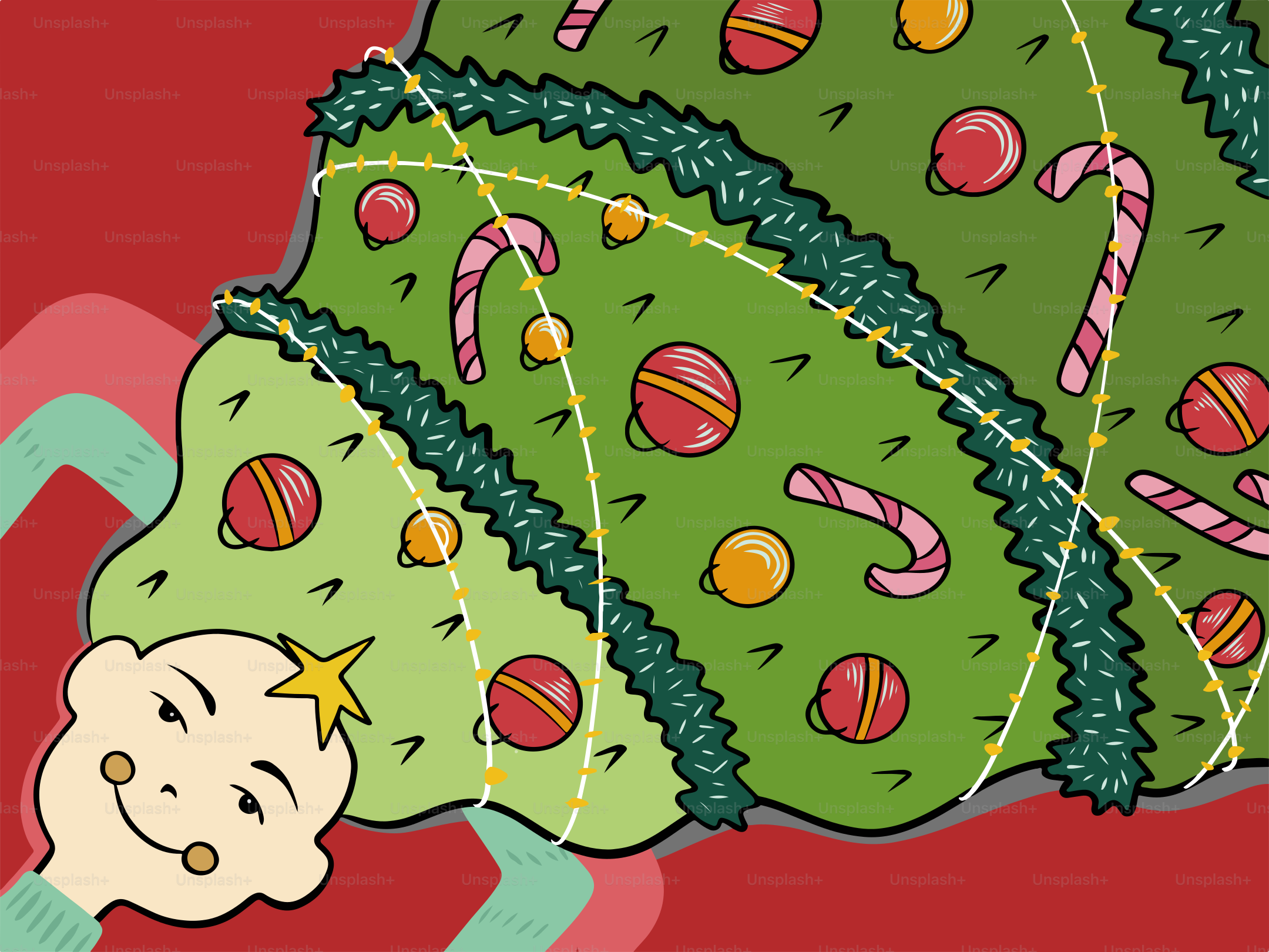 Eine Zeichnung eines Weihnachtsbaums mit einem Baby darin