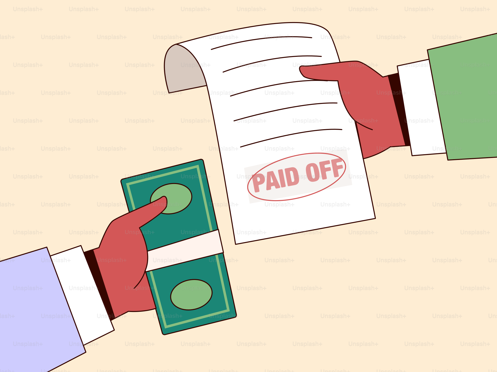 A hand holding a piece of paper with paid off written on it