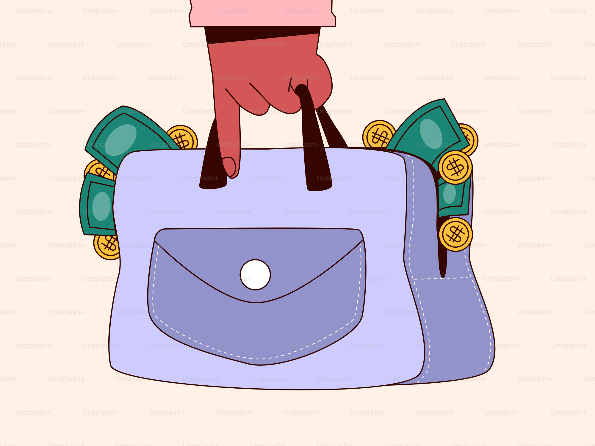 A hand is holding a purse with money on it