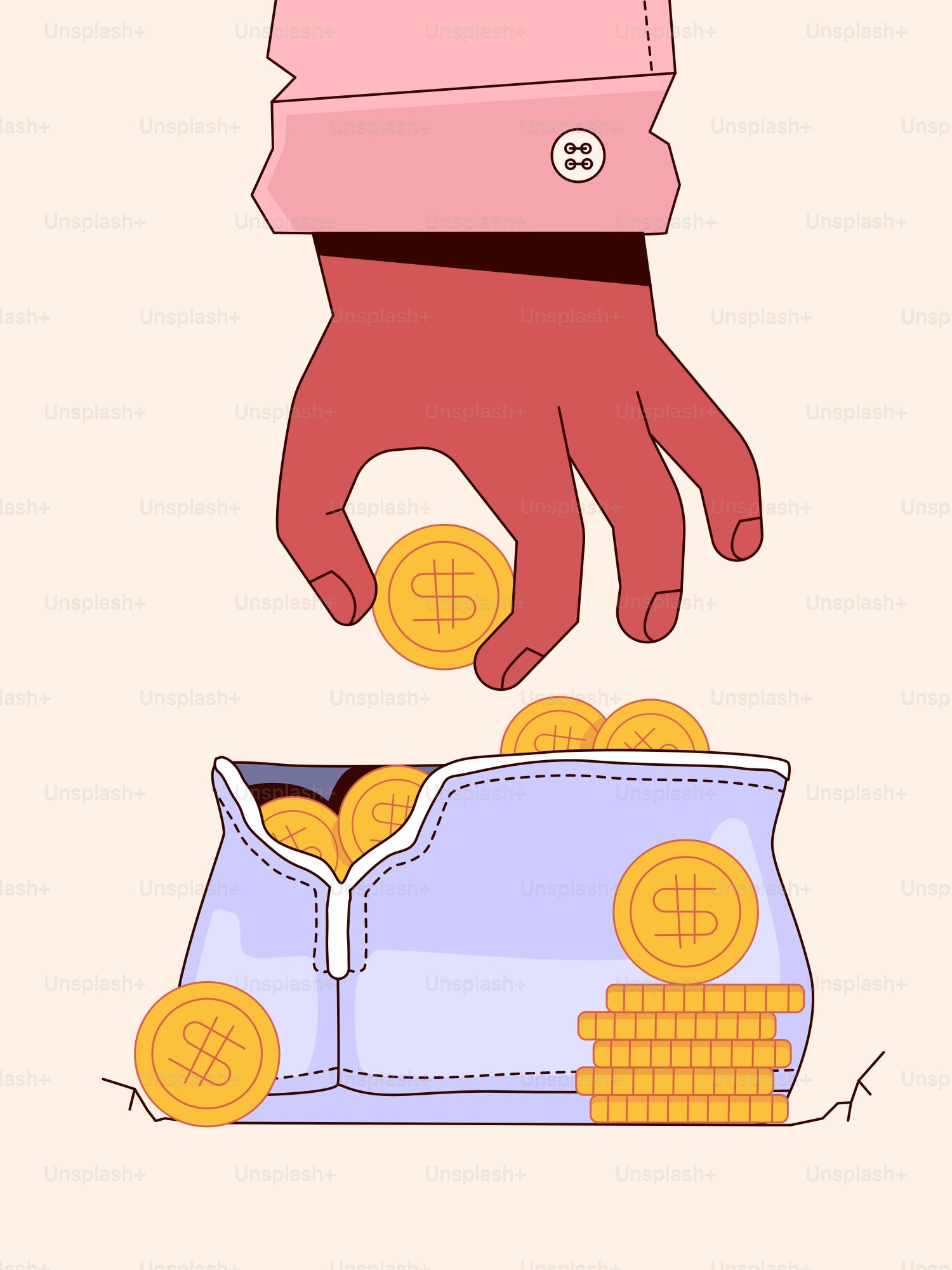 A hand reaching for a purse with coins coming out of it