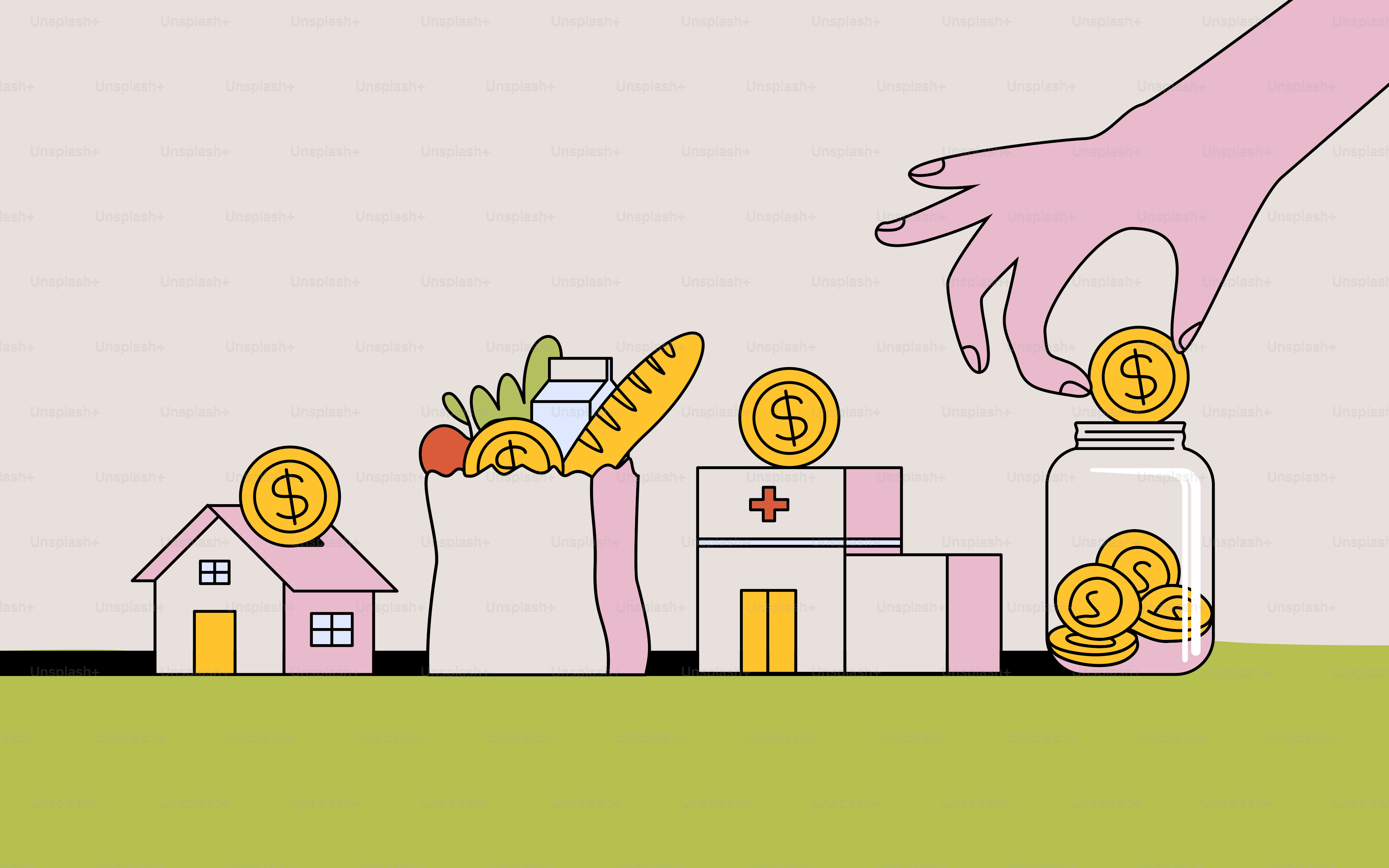 A hand reaching for money in front of stacks of coins