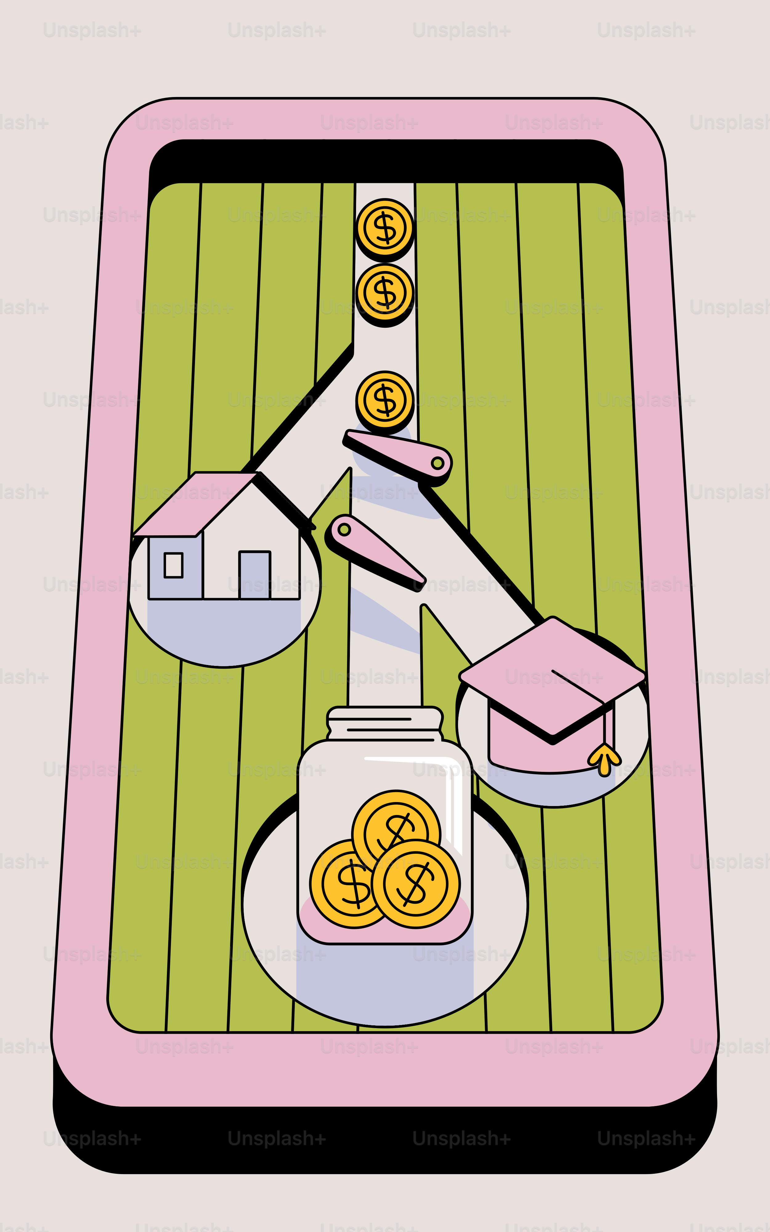 A cartoon picture of a robot holding a jar of coins
