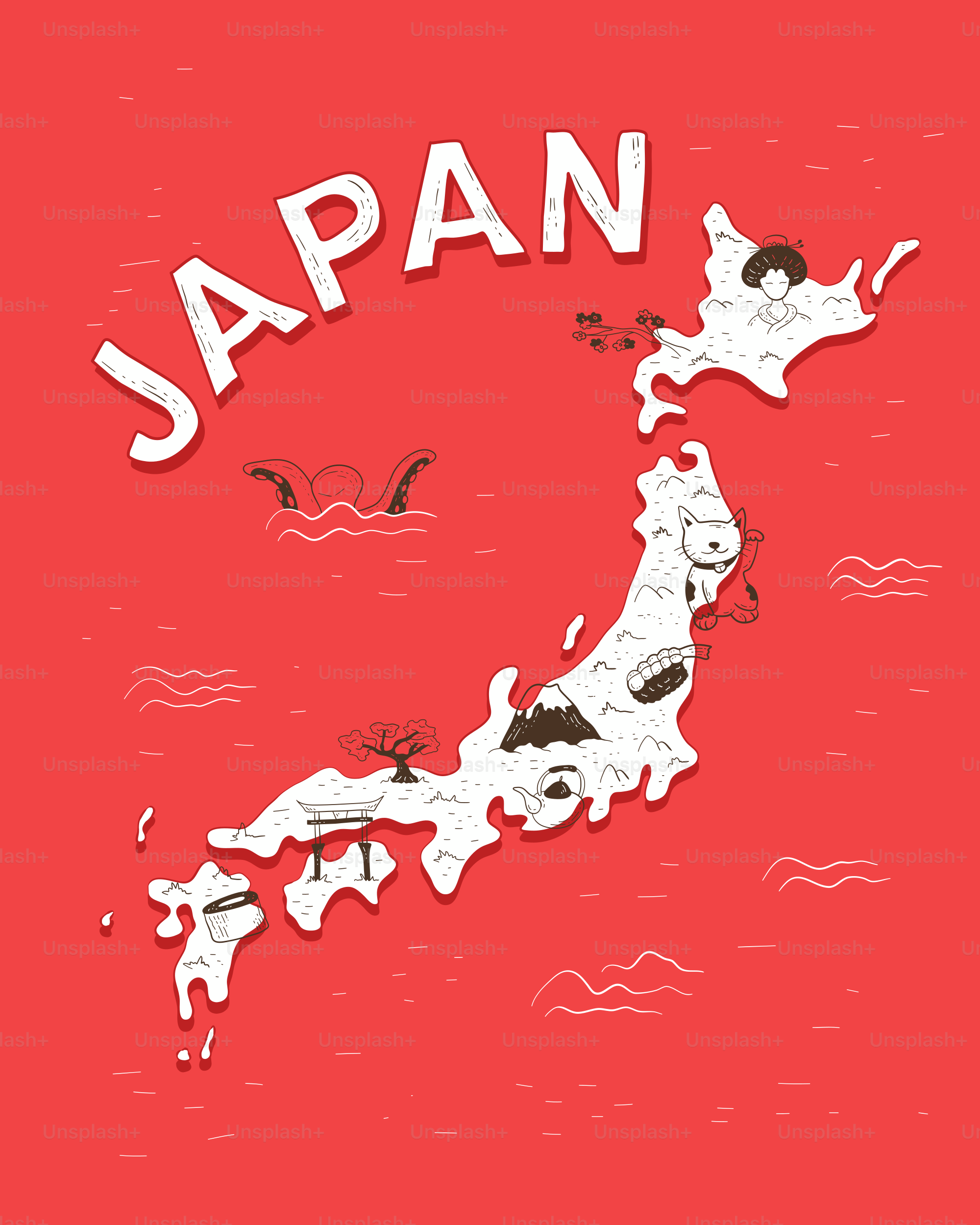 A picture of a map of japan on a red background