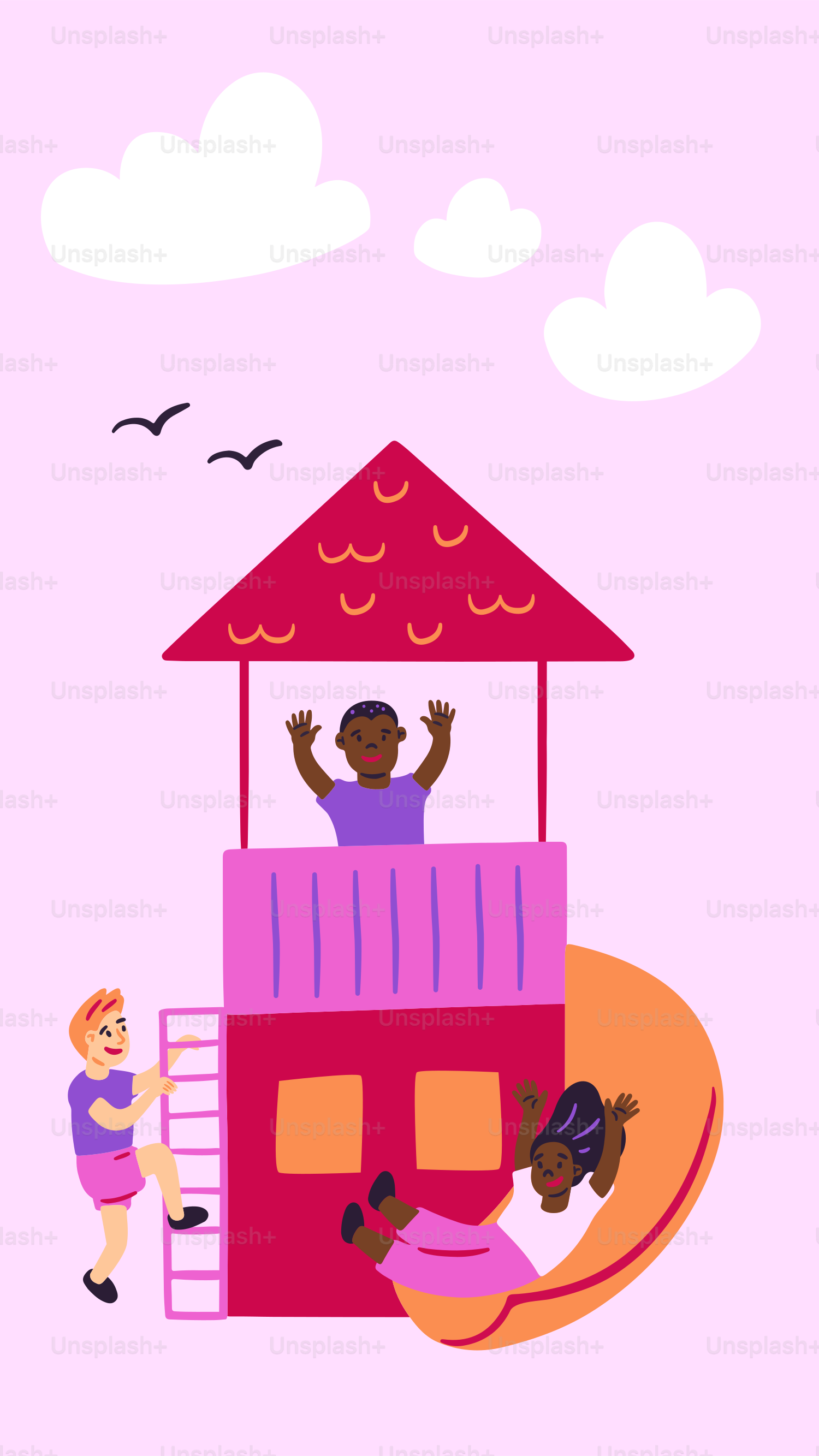 A woman climbing up a ladder to a house