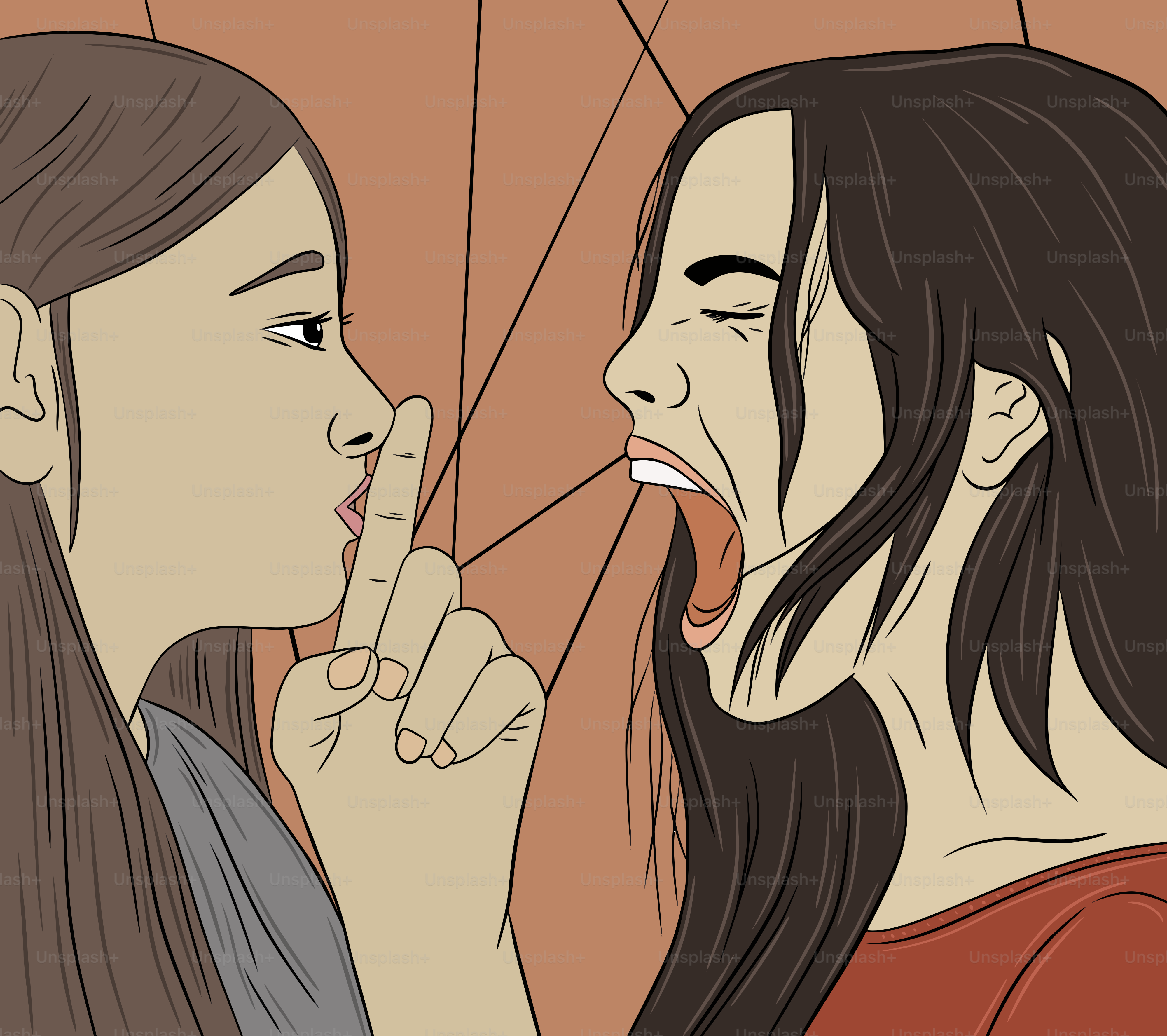 Une femme tenant un parapluie et une femme se couvrant la bouche de la main